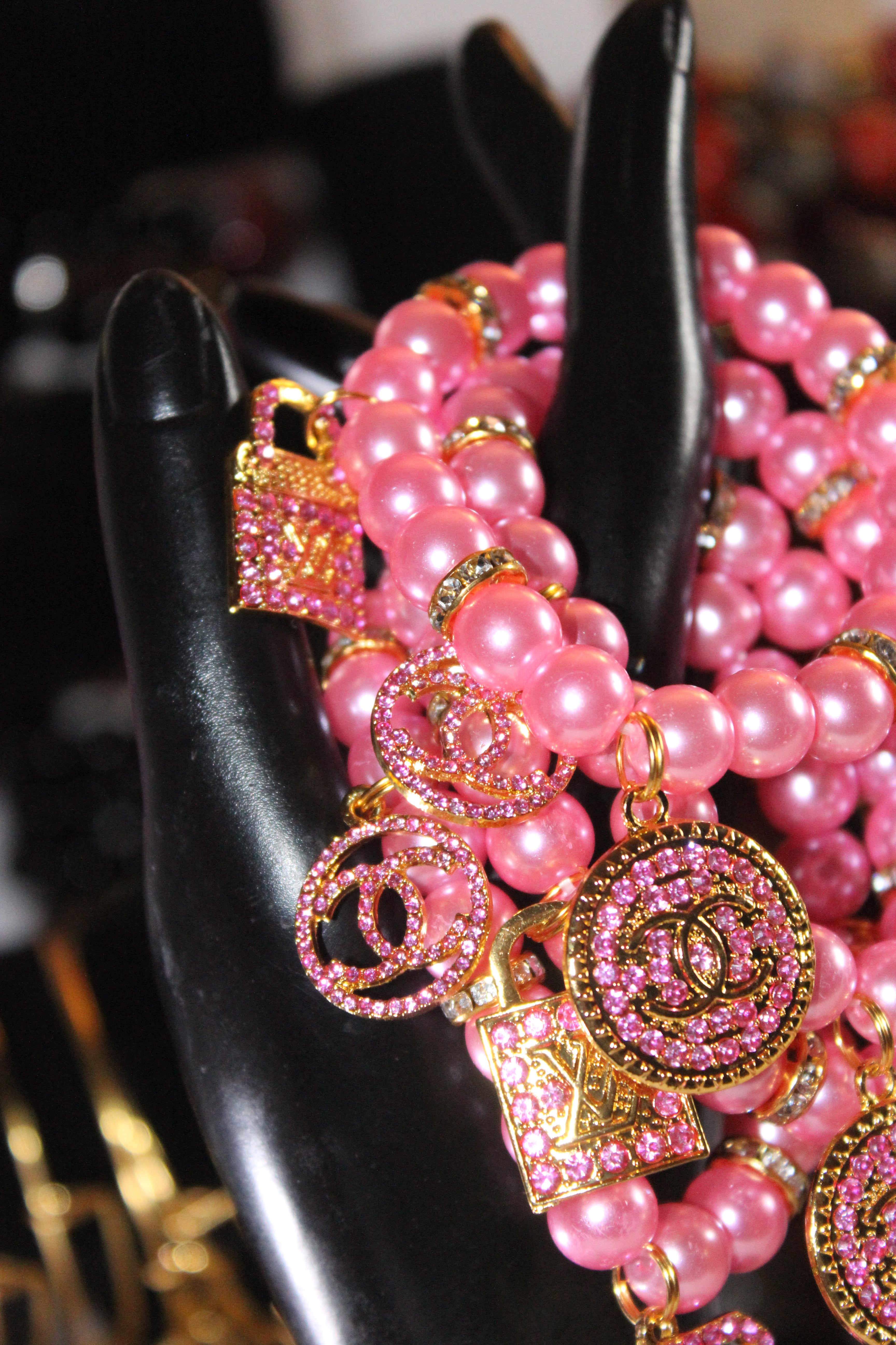 Pink & Gold 4 Piece Charm Bracelet Set w/ Rhinestone Charms