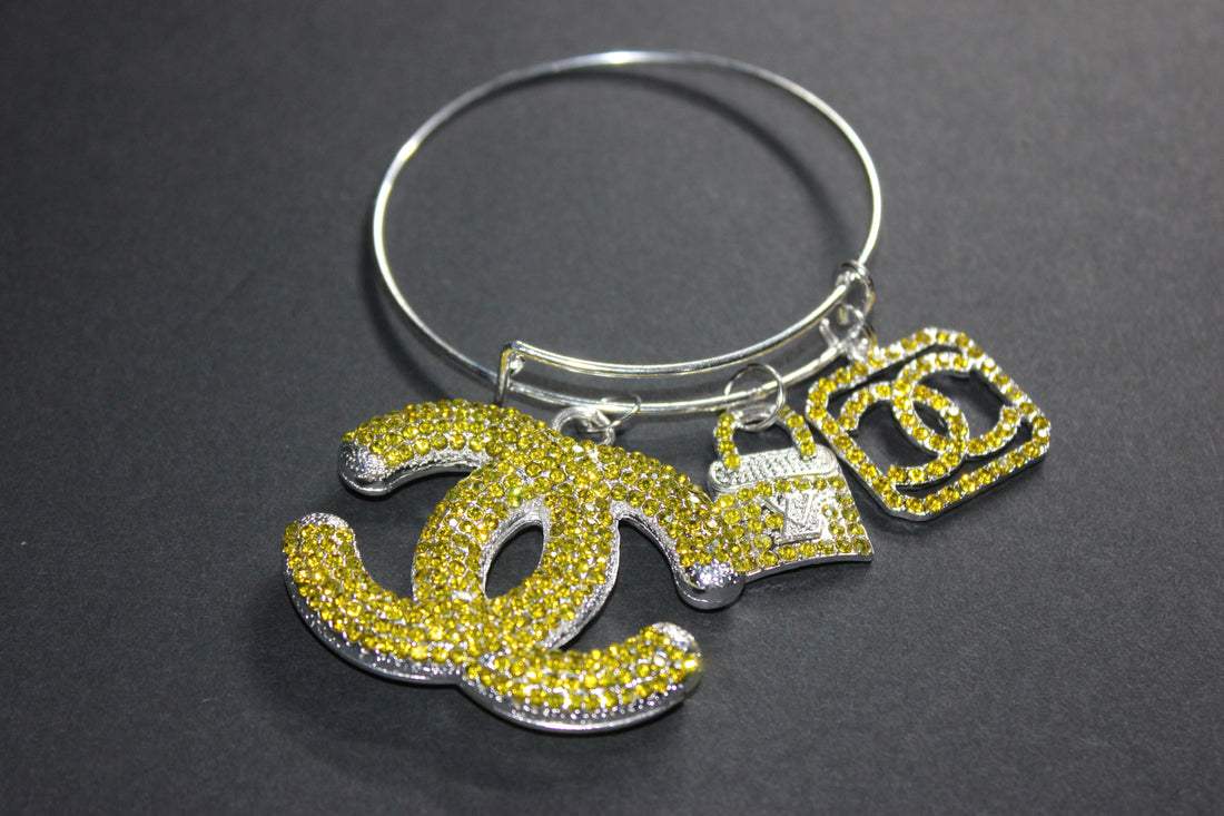Yellow & Silver Rhinestone Charm Bangle Bracelet