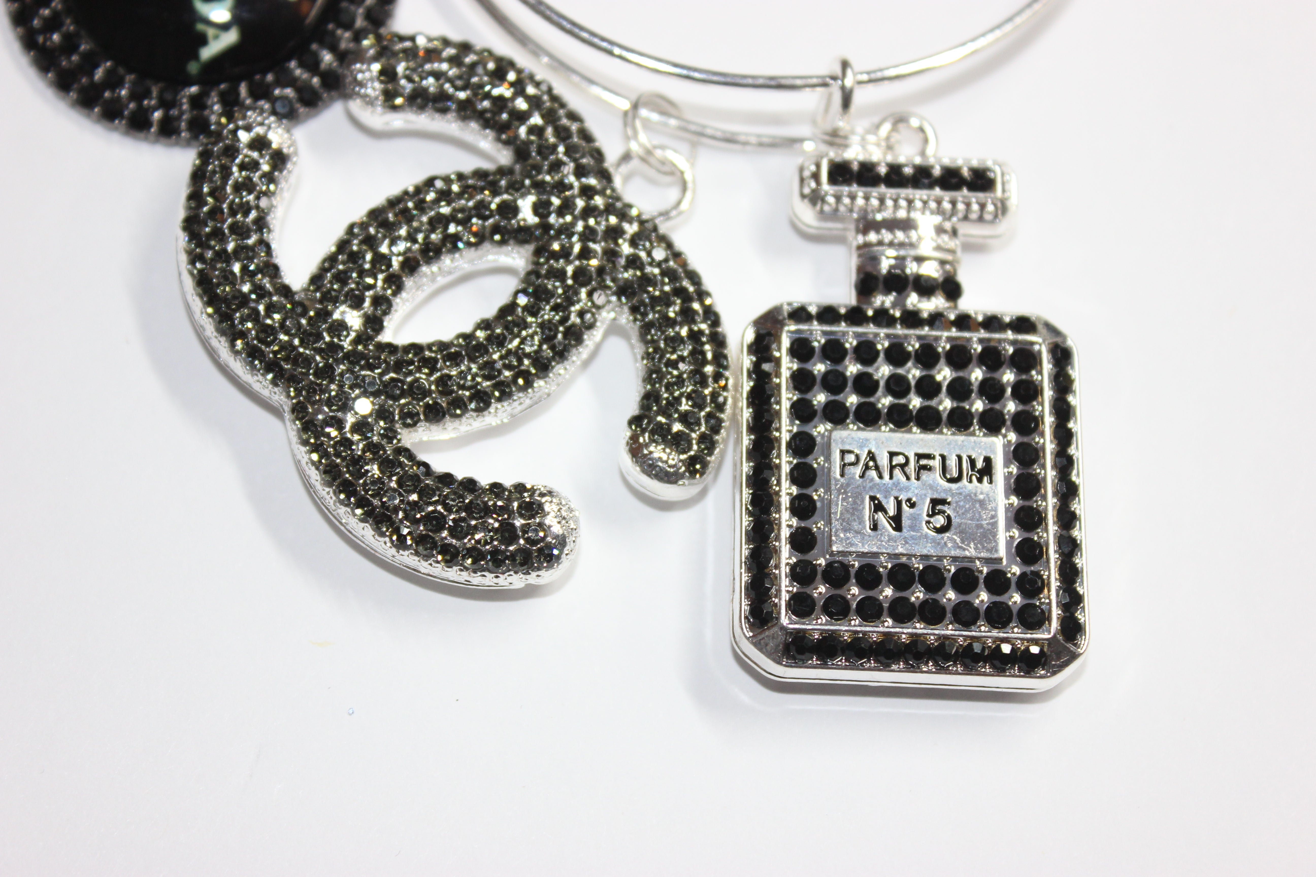 Black & Silver Rhinestone Charm Bangle