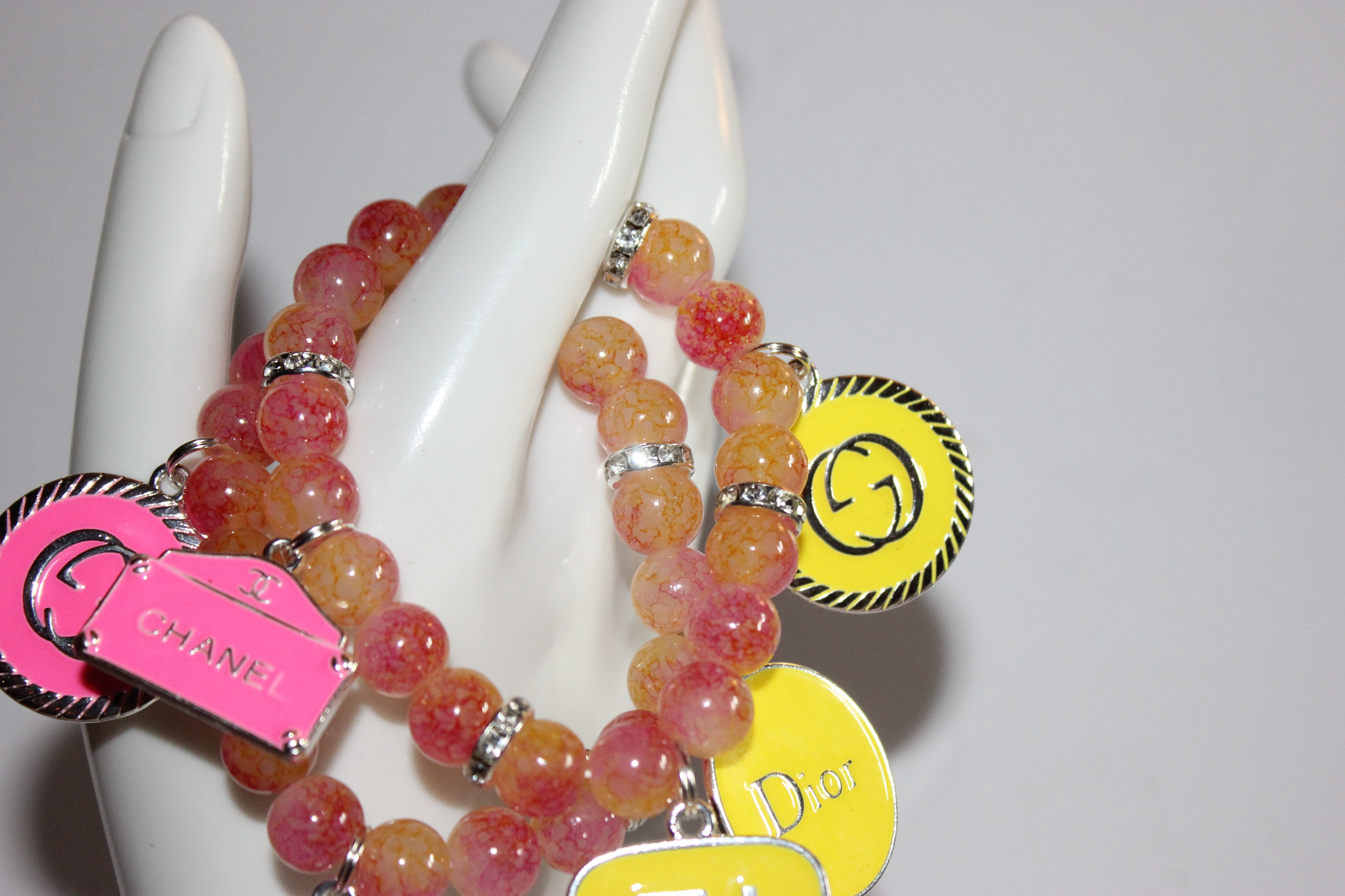 2 Piece Yellow/Pink with Silver Charm Bracelet Set