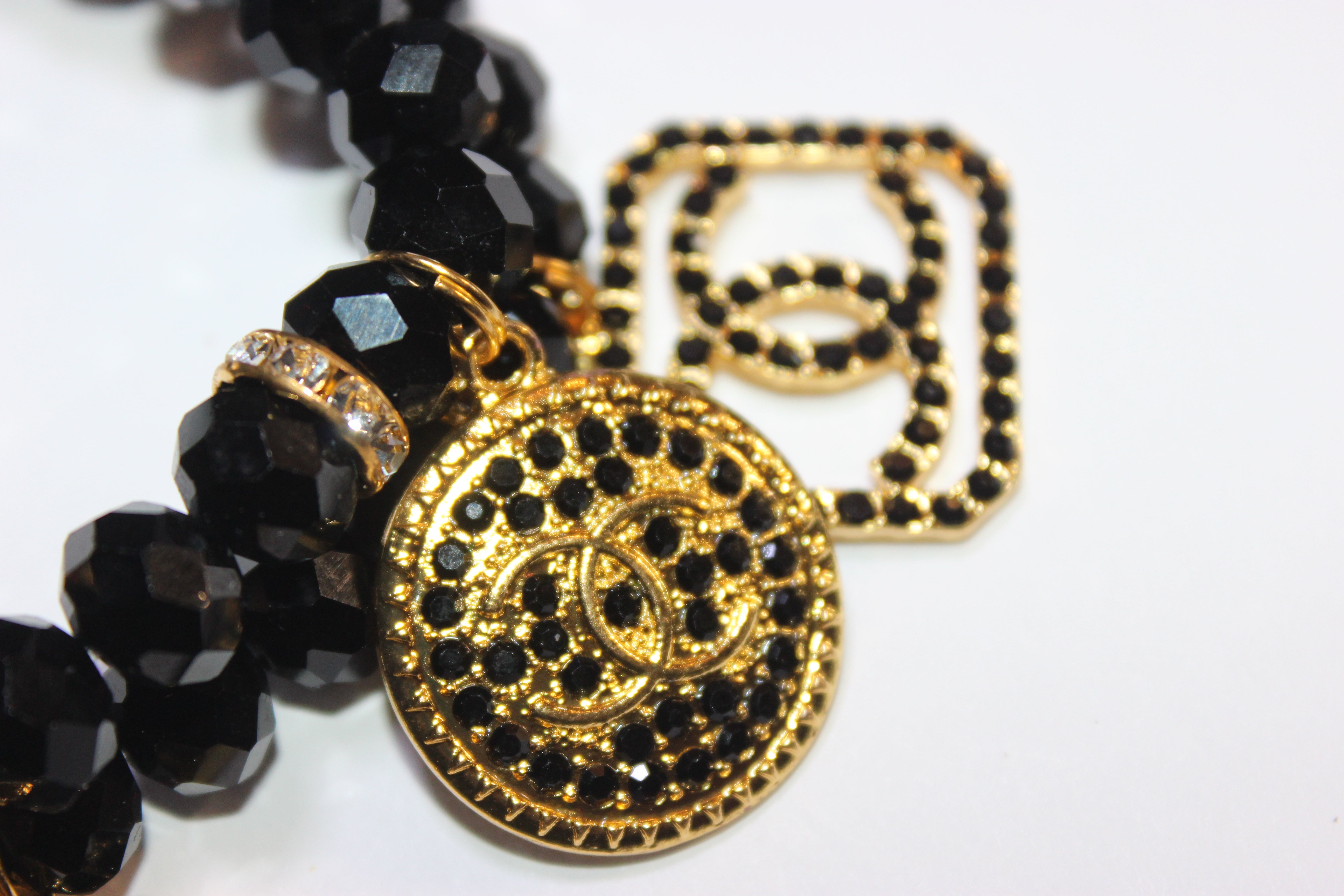 Black & Gold 2 Piece Crystal Charm Bracelet Set