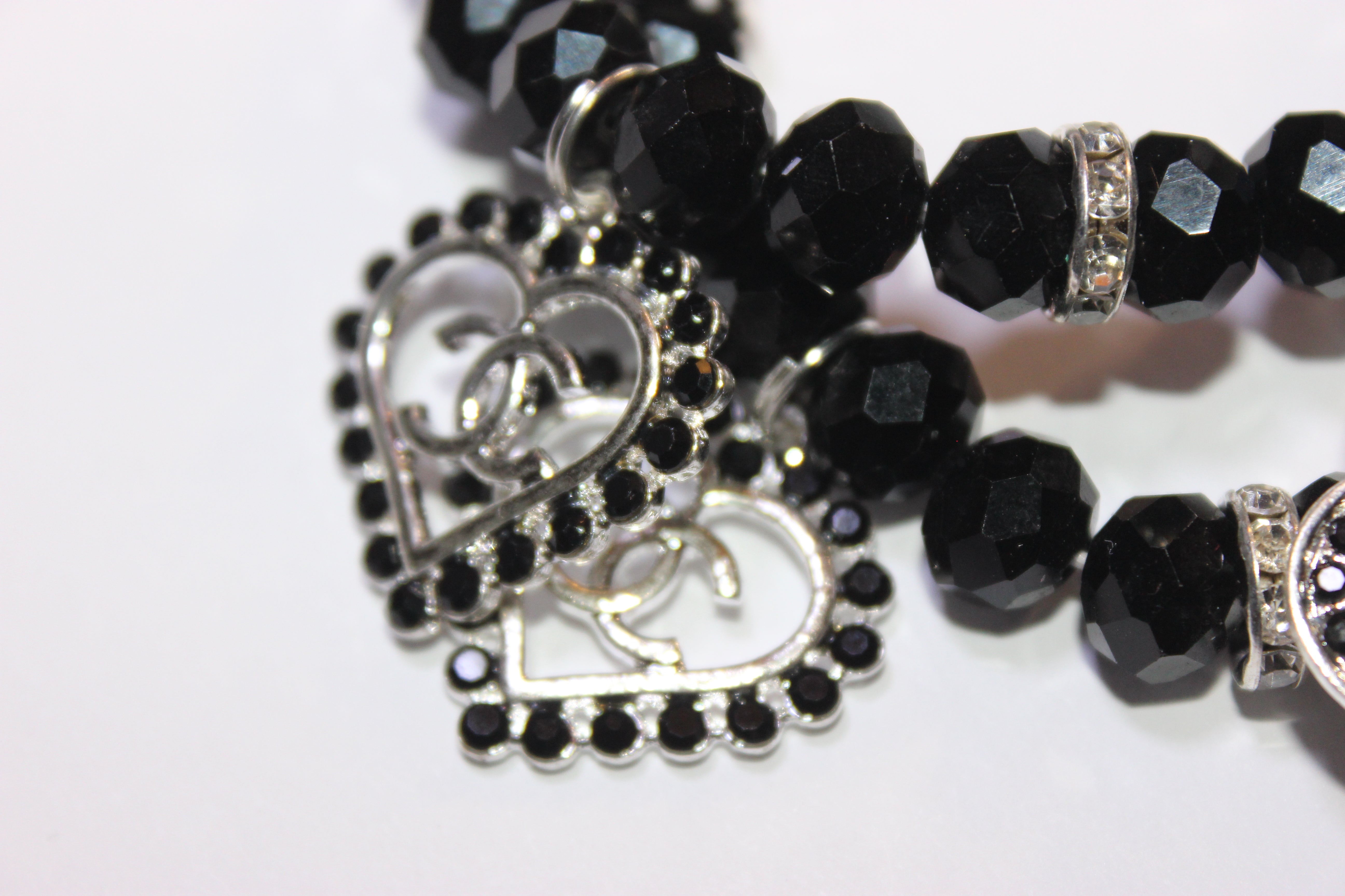 2 Piece Black & Silver Crystal Charm Bracelet Set