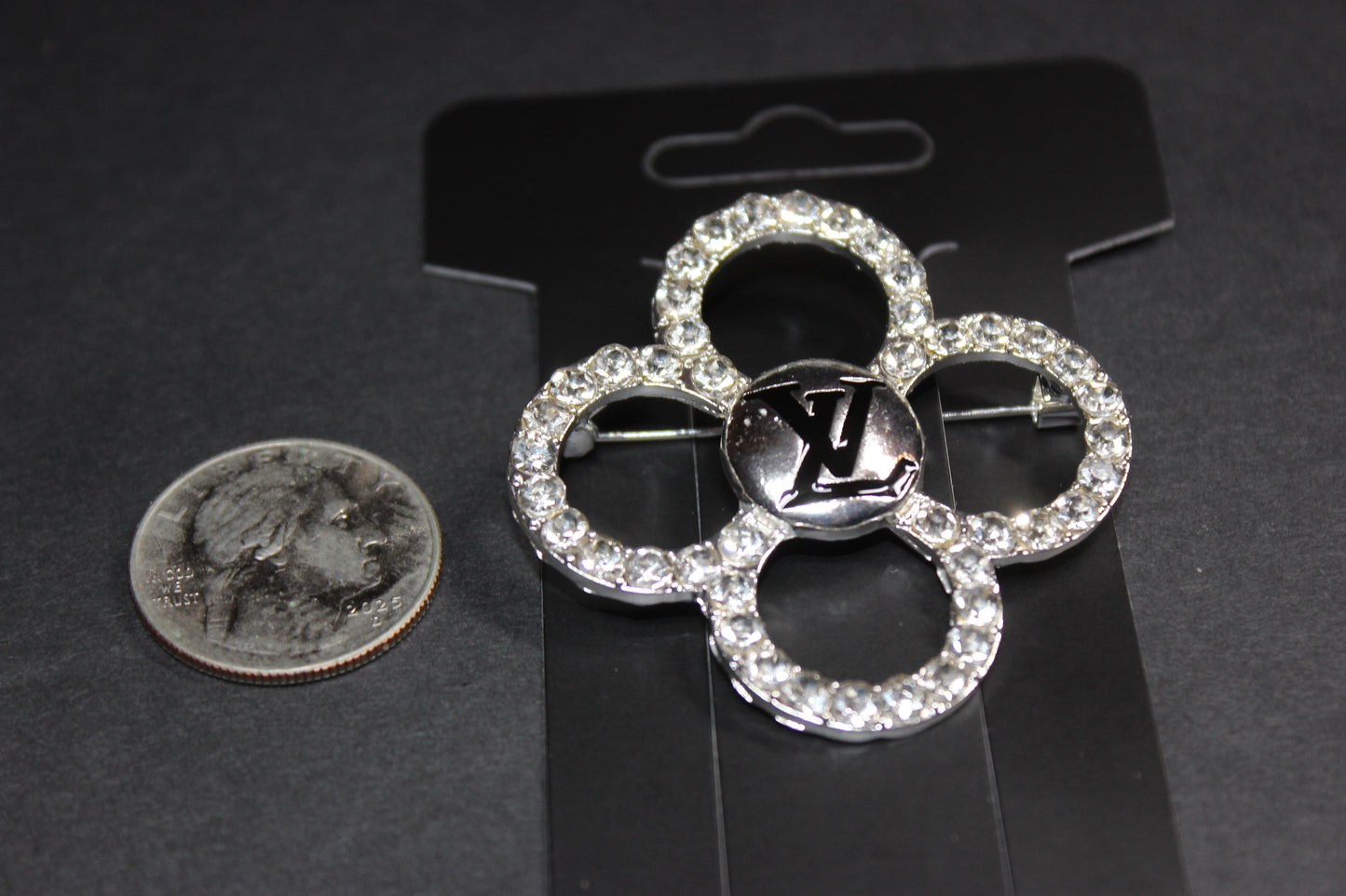 Silver & Black Rhinestone Clover Style Brooch Pin