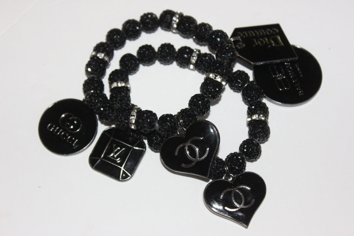 Black Rhinestone 2 Piece Charm Bracelet Set