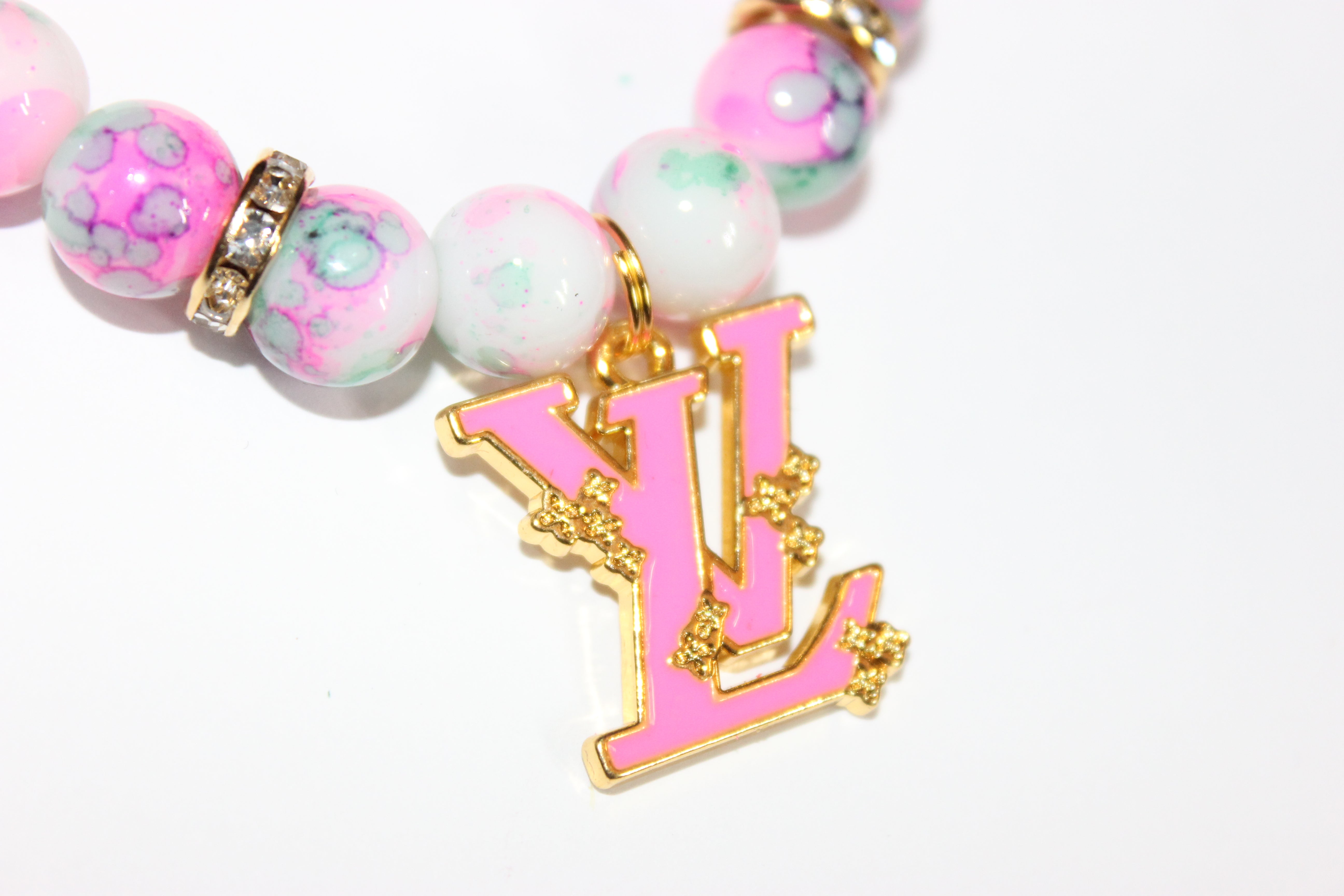 1 Pink Green White w/ Gold Charm Bracelet