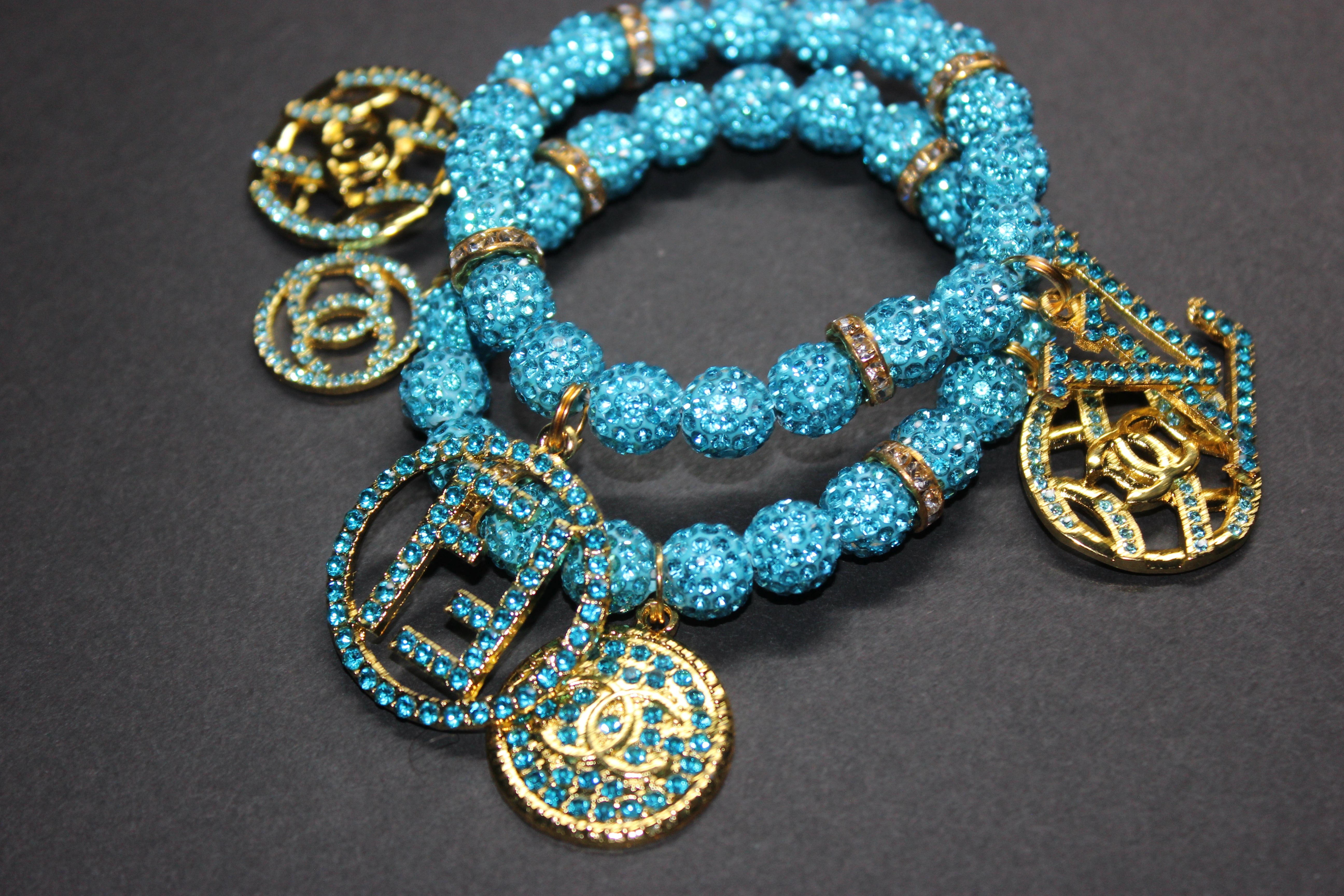 2 Piece Aquamarine & Gold Rhinestone Charm Bracelet Set