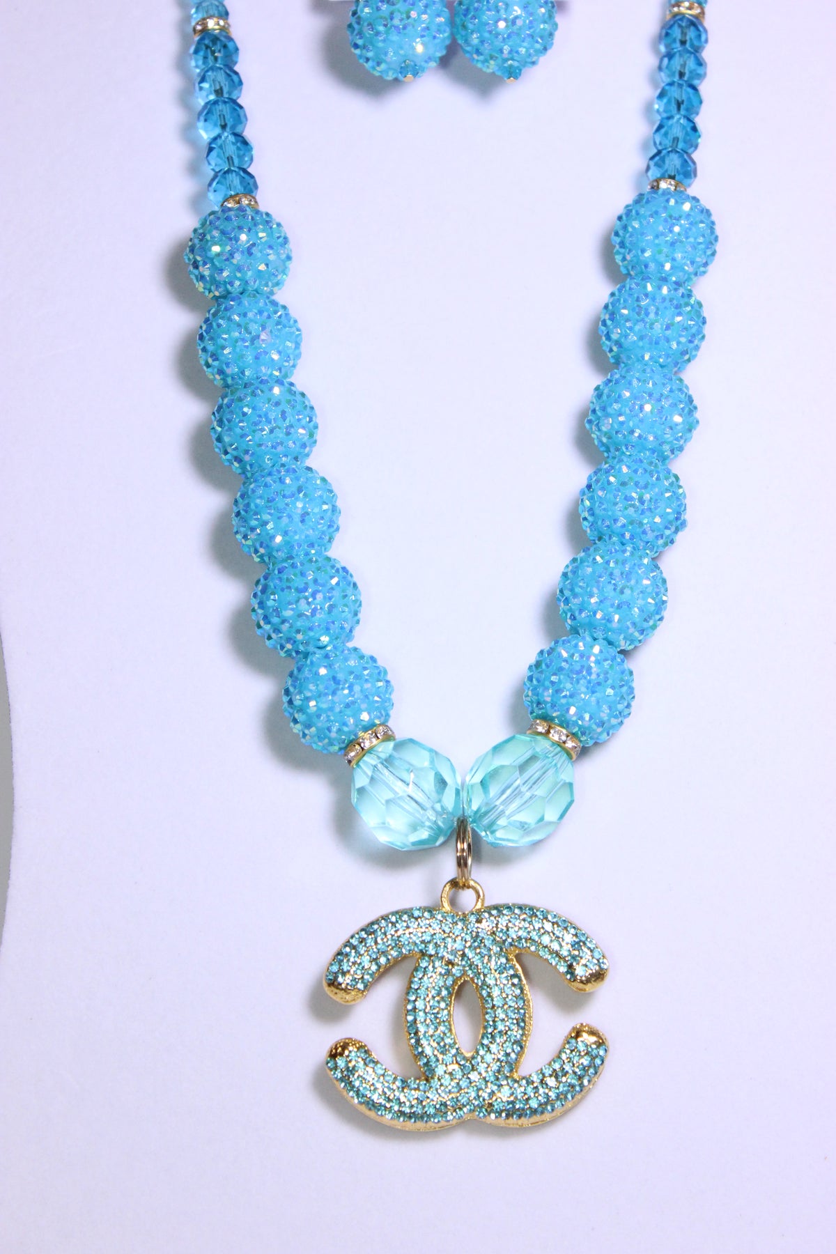 Aquamarine & Gold Charm Necklace Set with Earrings