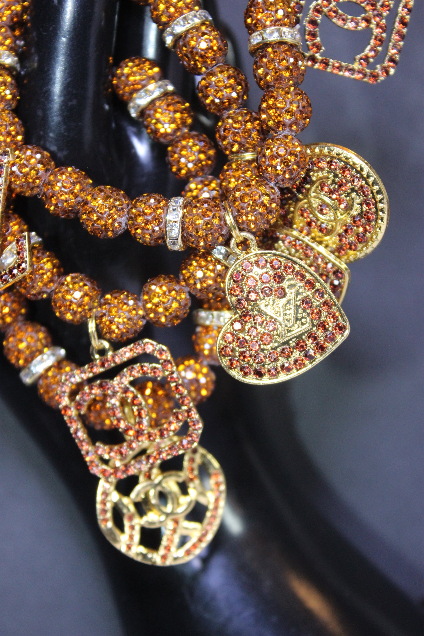 3 Piece Brown Gold & Topaz Rhinestone Charm Bracelet Set
