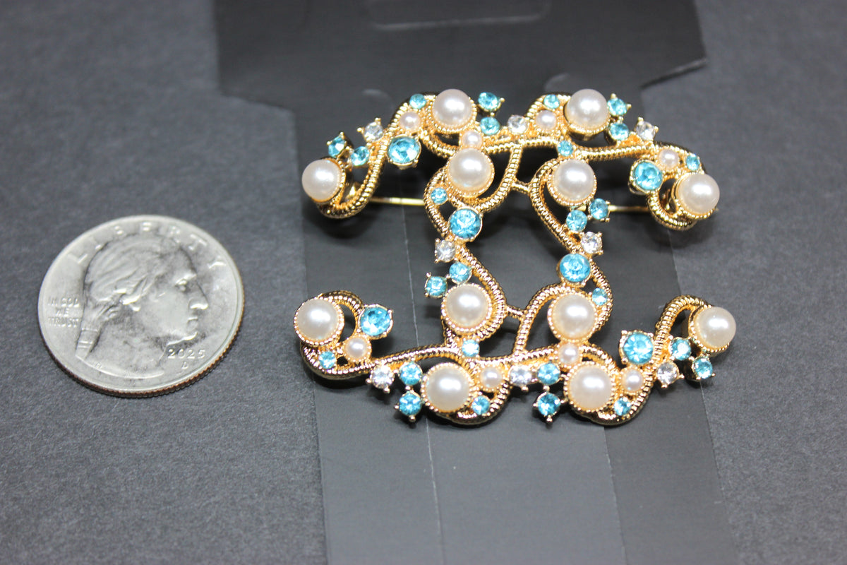 Gold Pearl & Turquoise Brooch Pin