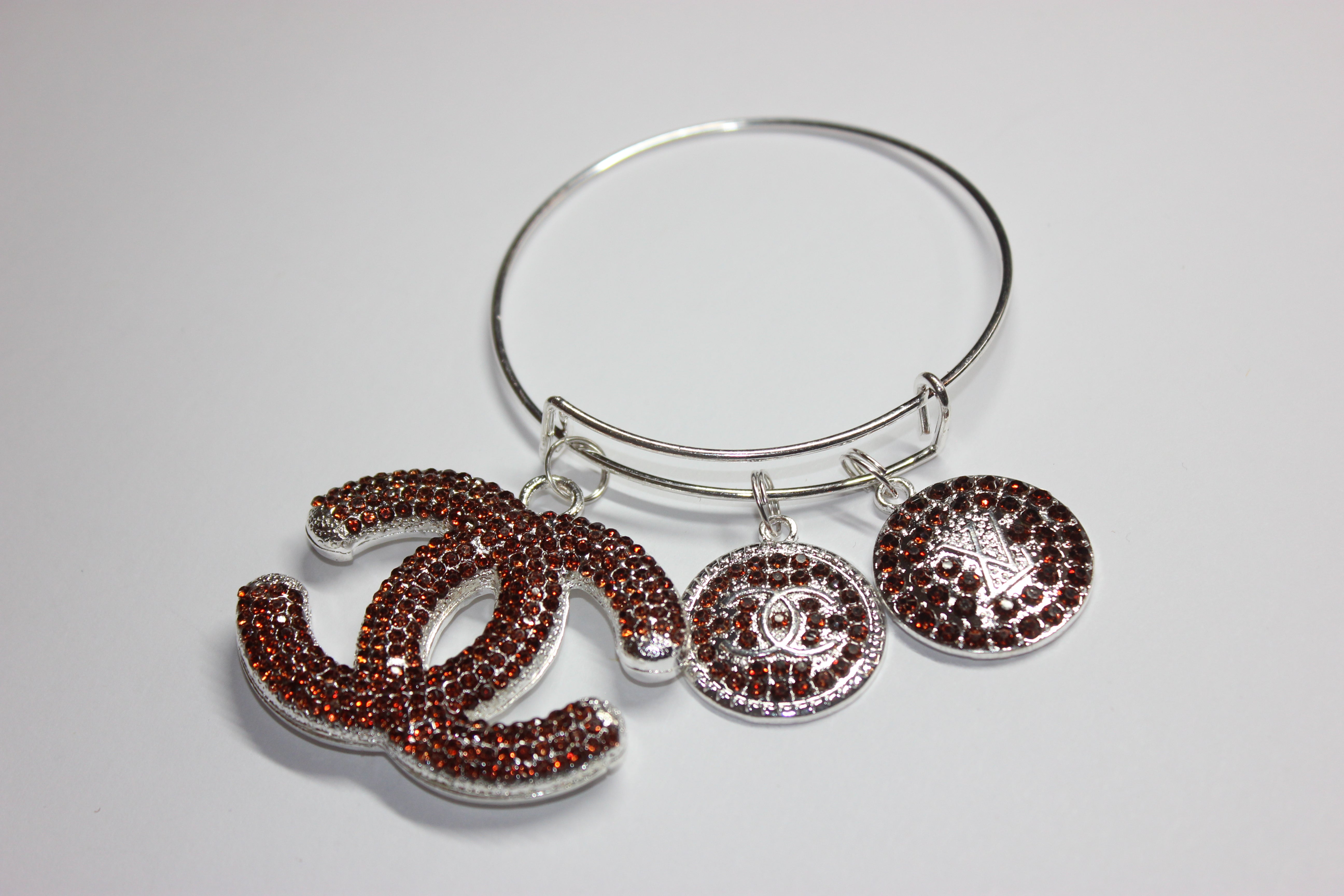 Brown & Silver Rhinestone Charm Bangle