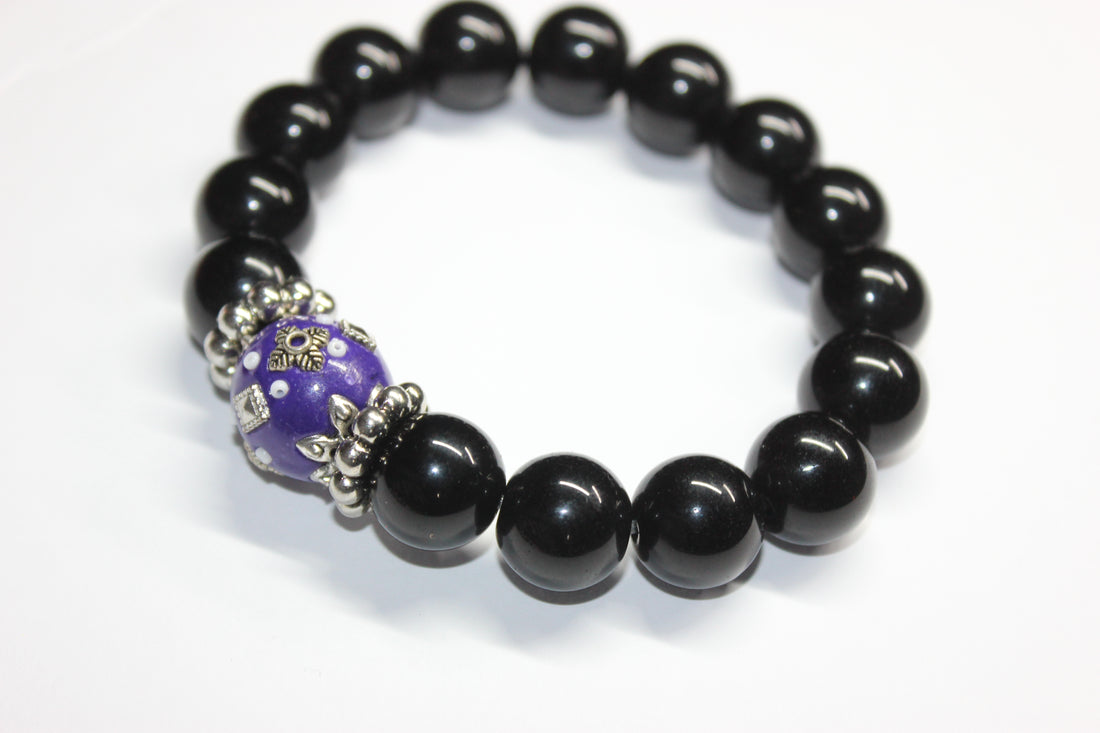 Black Purple & Silver Beaded Bracelet