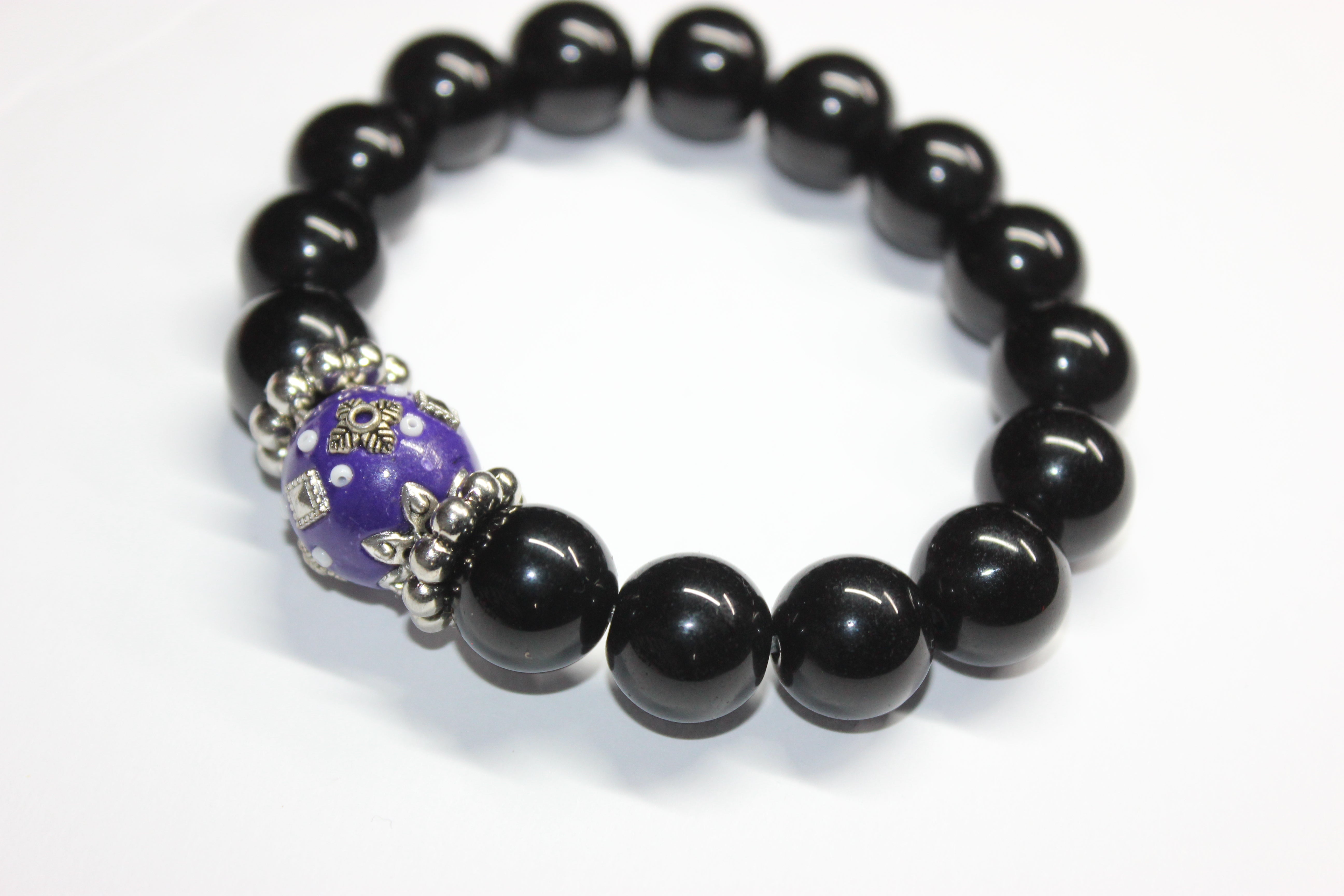 Black Purple & Silver Beaded Bracelet