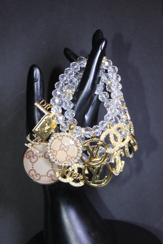 3 Piece Clear & Gold Crystal Charm Bracelet Set
