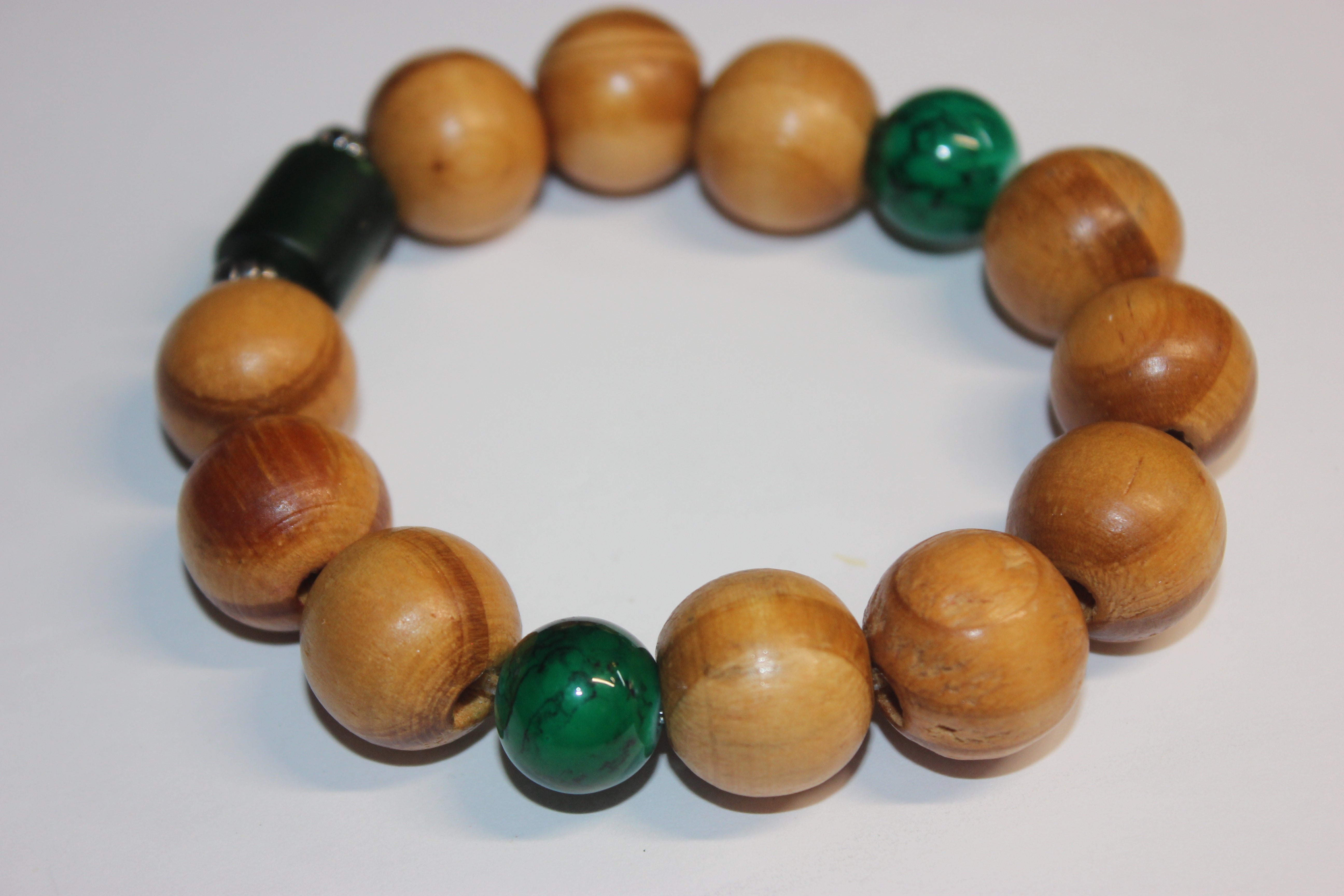 Wood & Green Beaded Bracelet