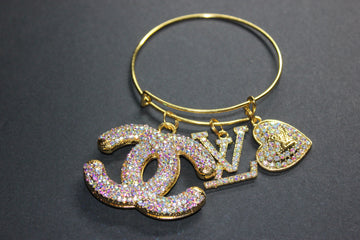 Iridescent & Gold Rhinestone Charm Bangle Bracelet