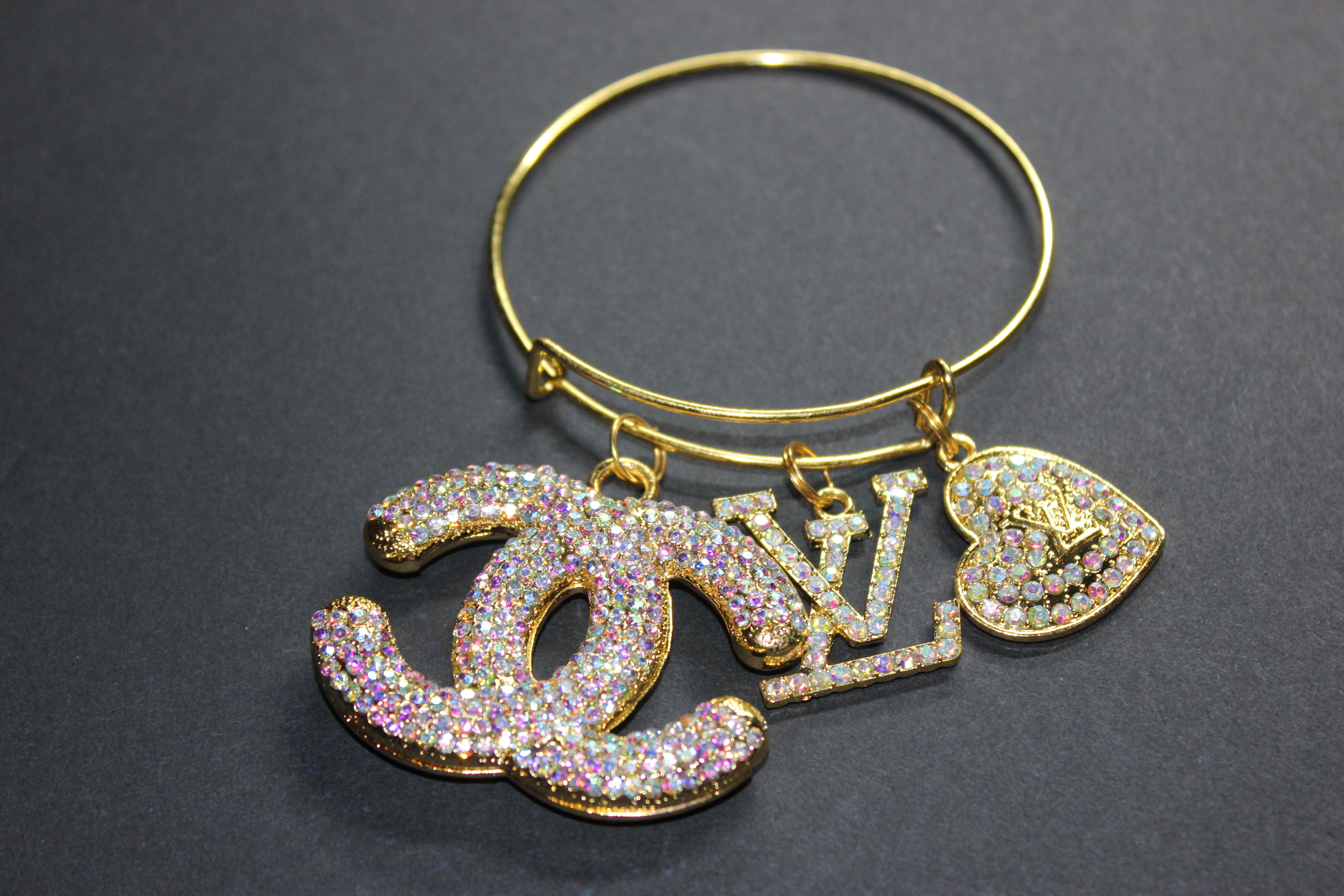 Iridescent & Gold Rhinestone Charm Bangle Bracelet