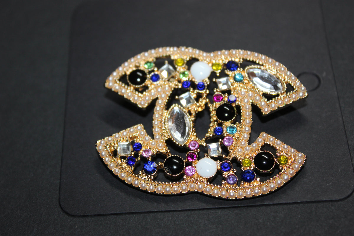 Gold Colorful Rhinestone with Pearl Brooch Pin