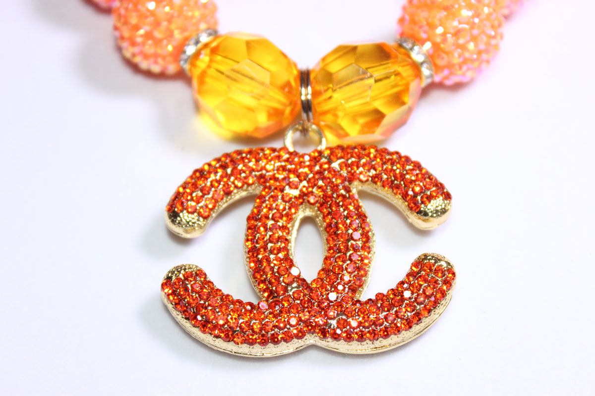Shades Of Orange & Gold Rhinestone Charm Necklace & Earrings Set