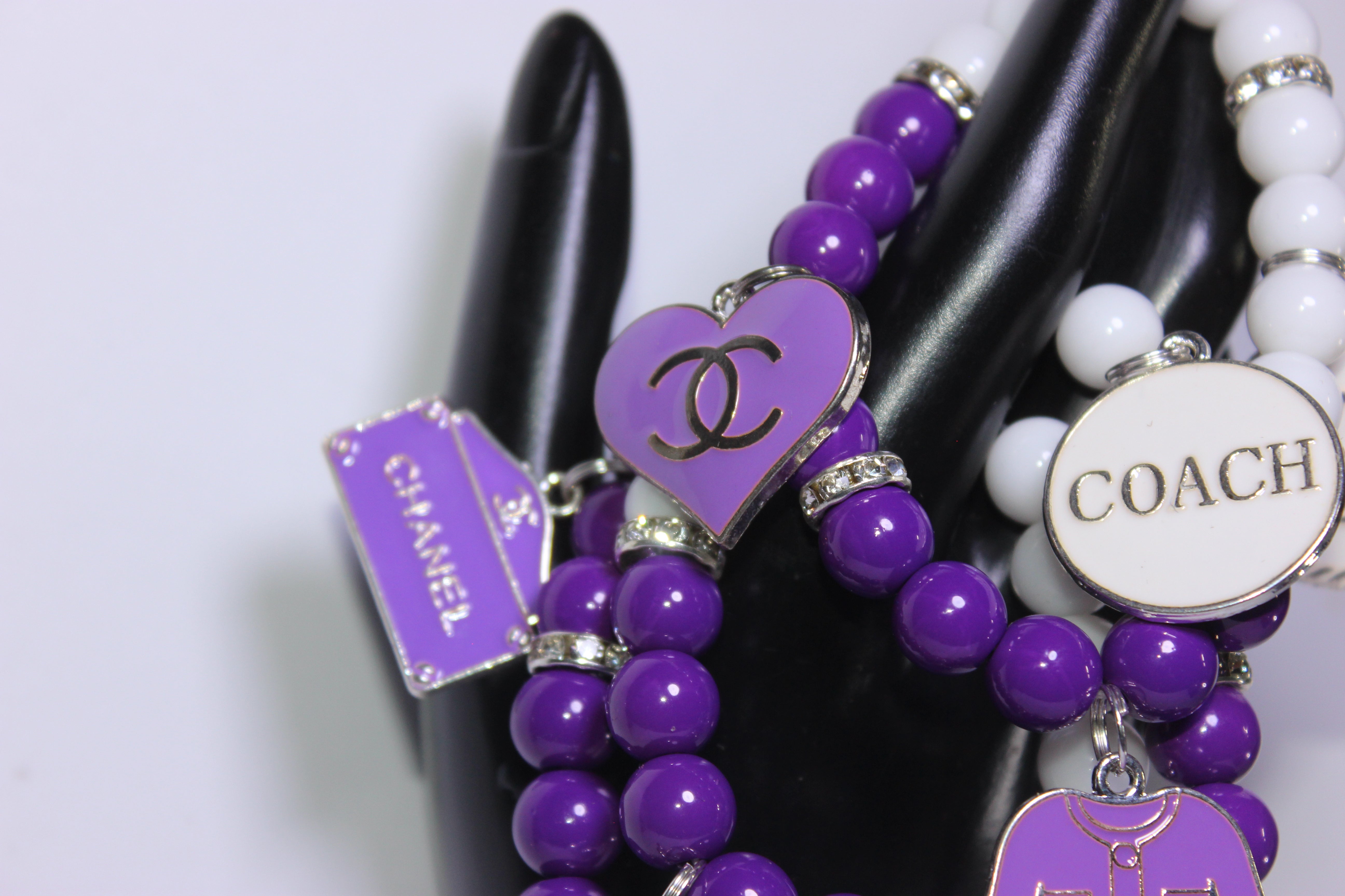 Purple & White w/ Silver 3 Piece Beaded Charm Bracelet Set