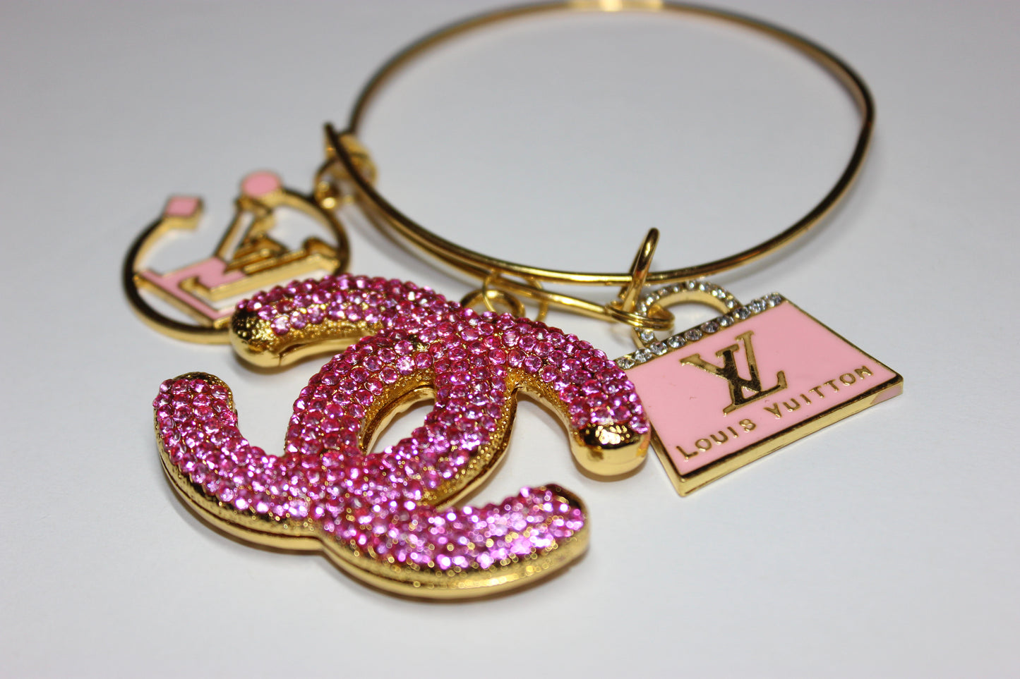 Pink & Gold Rhinestone Charm Bangle Bracelet