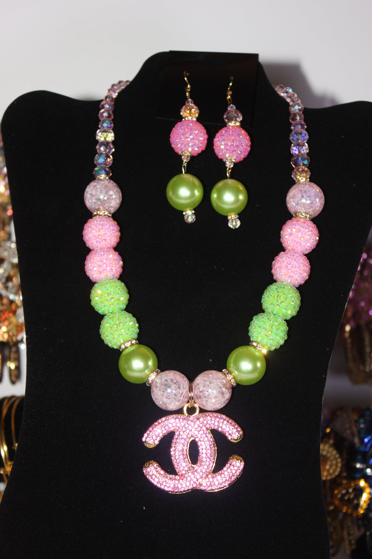 Pink & Green W/ Gold Pearl & Rhinestone Charm Necklace & Earrings Set