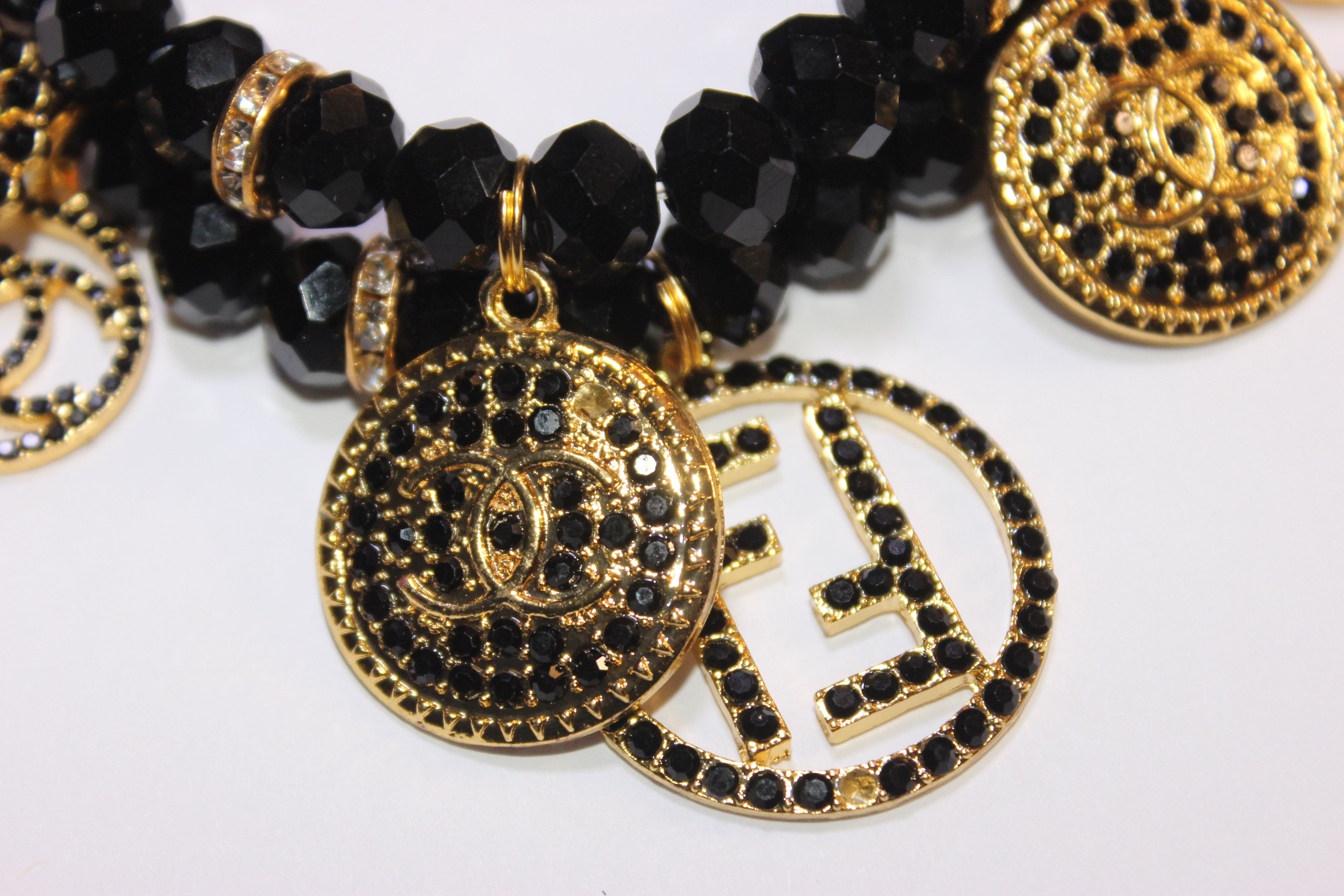 Black & Gold 2 Piece Crystal Charm Bracelet Set