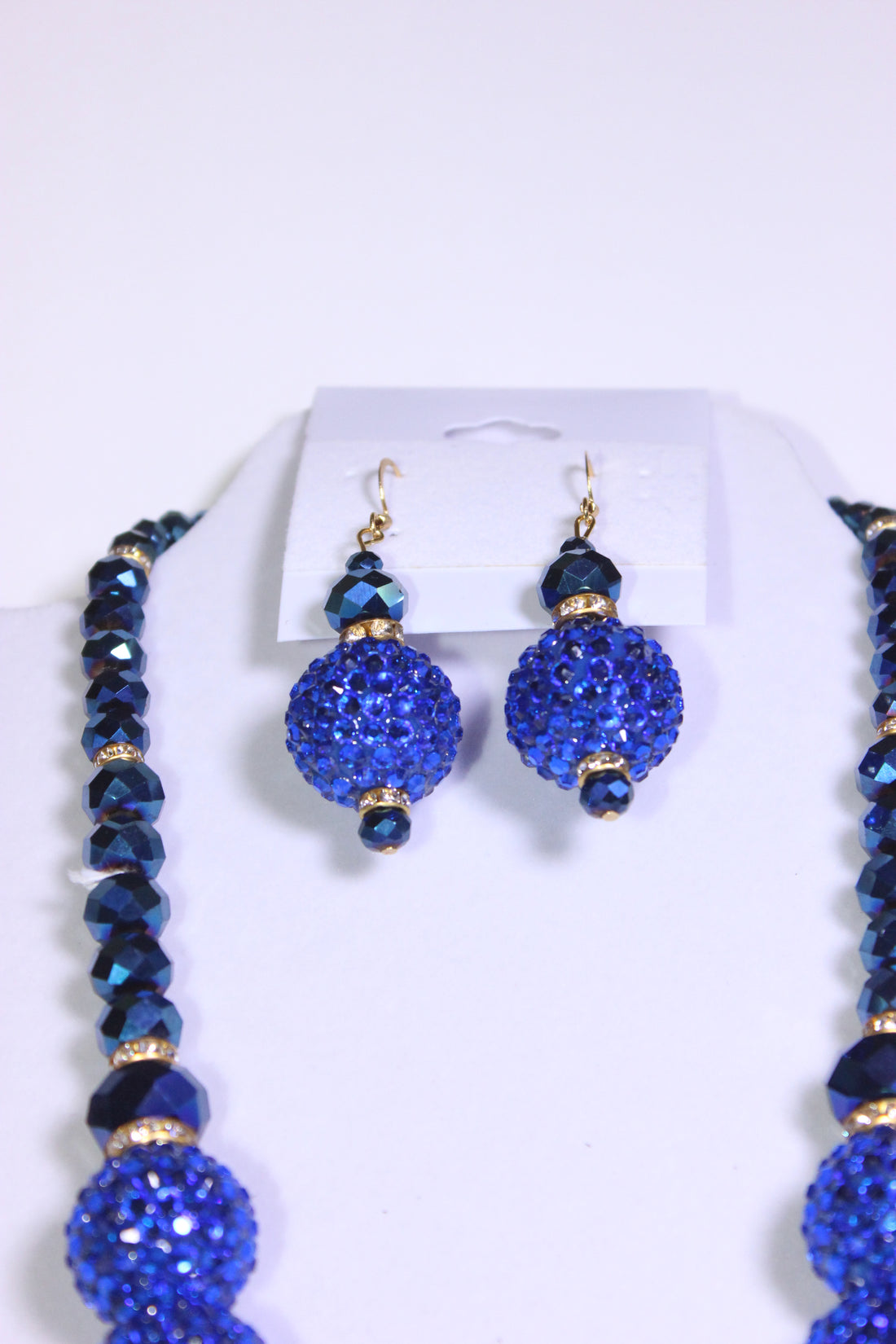 Royal Blue & Gold Rhinestone Charm Necklace Set with Earrings