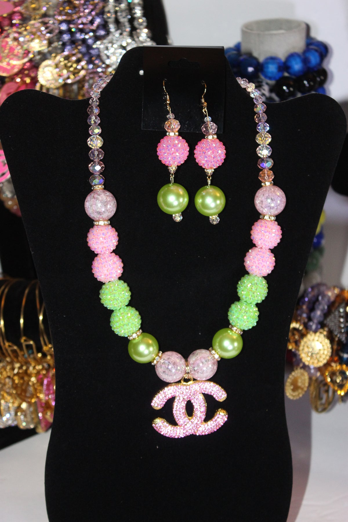 Pink & Green W/ Gold Pearl & Rhinestone Charm Necklace & Earrings Set