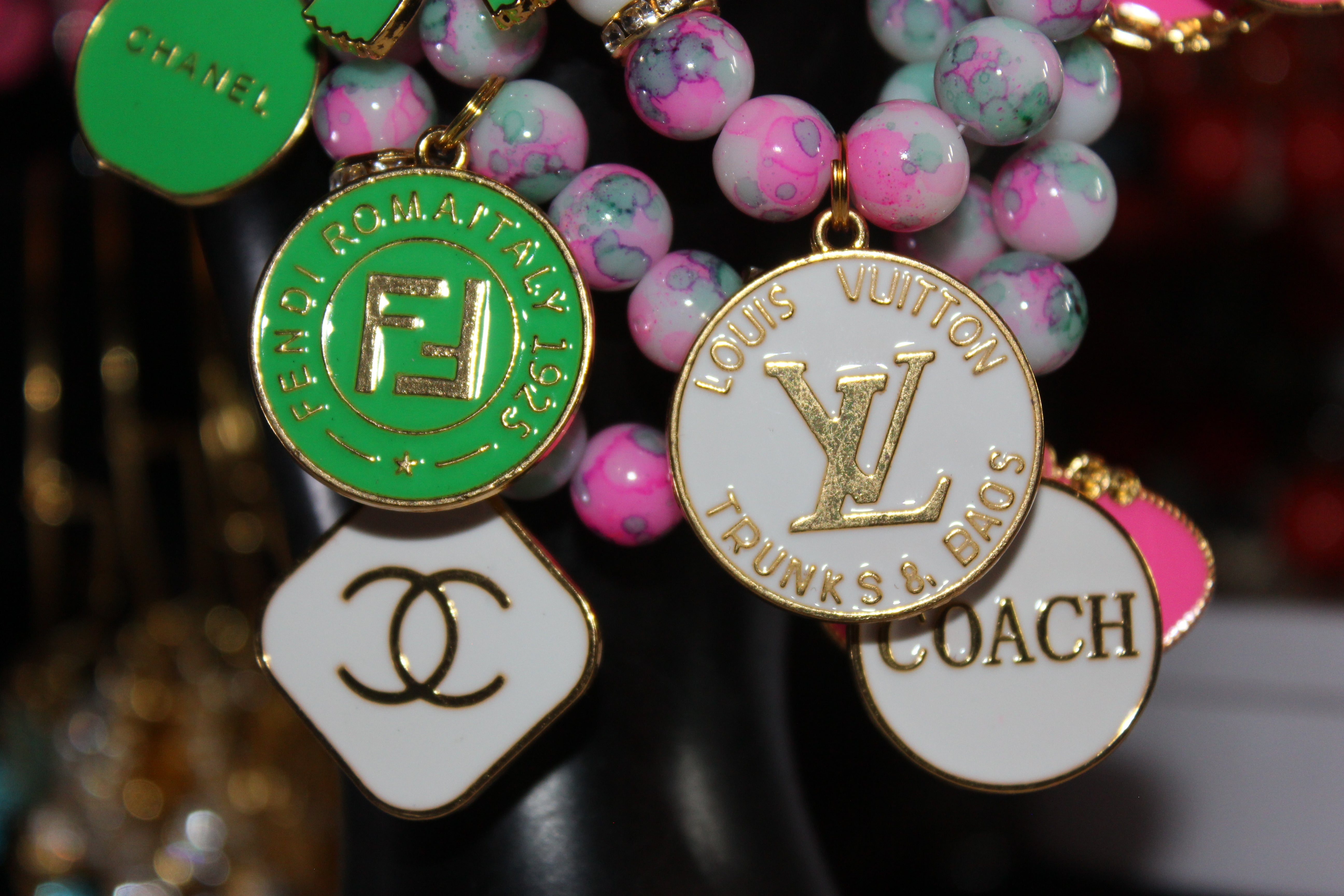 3 Piece Pink Green & White w/ Gold Charm Bracelet Set