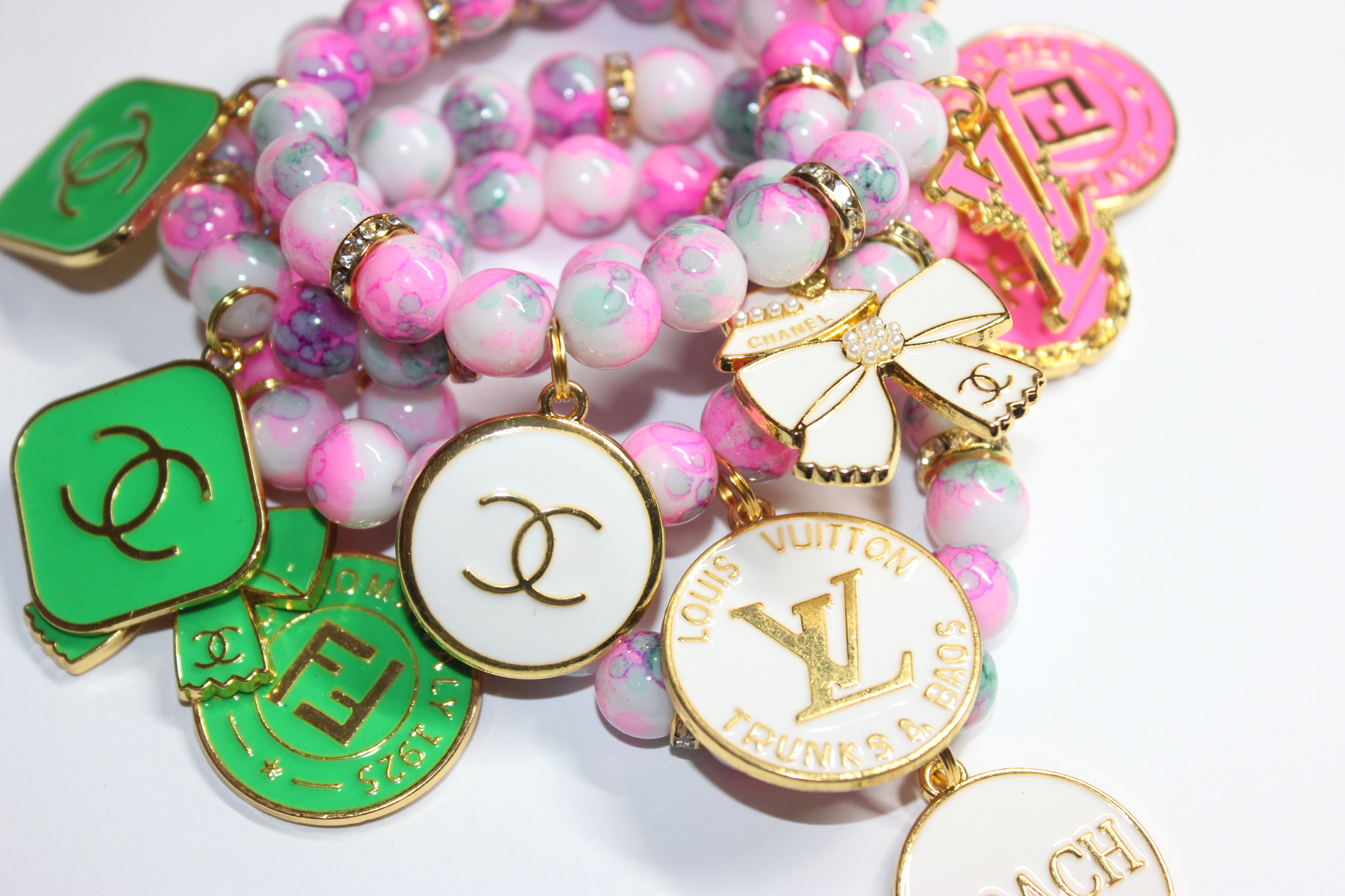 3 Piece Pink Green & White w/ Gold Charm Bracelet Set