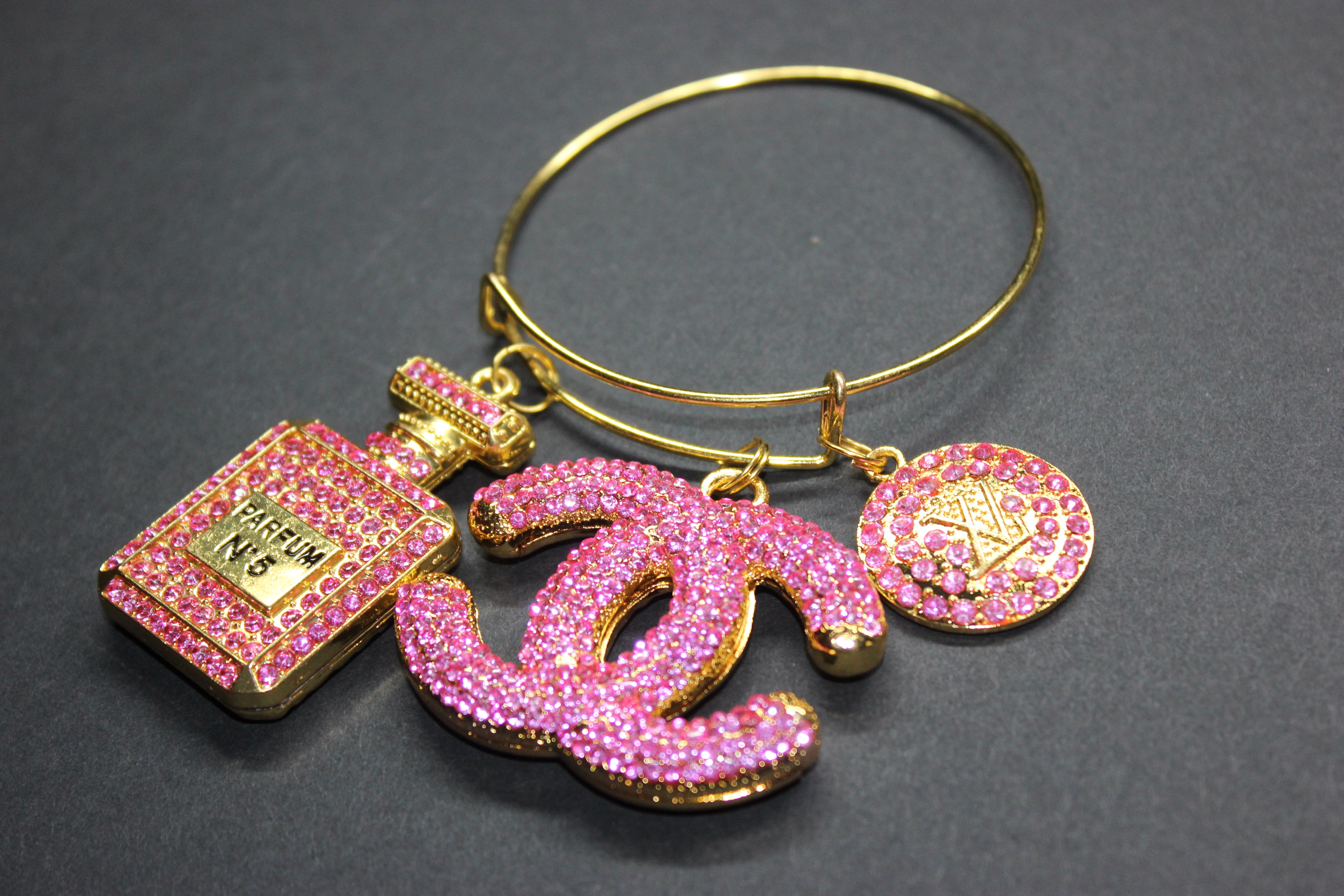 Pink & Gold Rhinestone Charm Bangle Bracelet