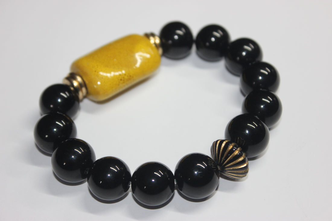 Black Mustard & Gold Beaded Bracelet