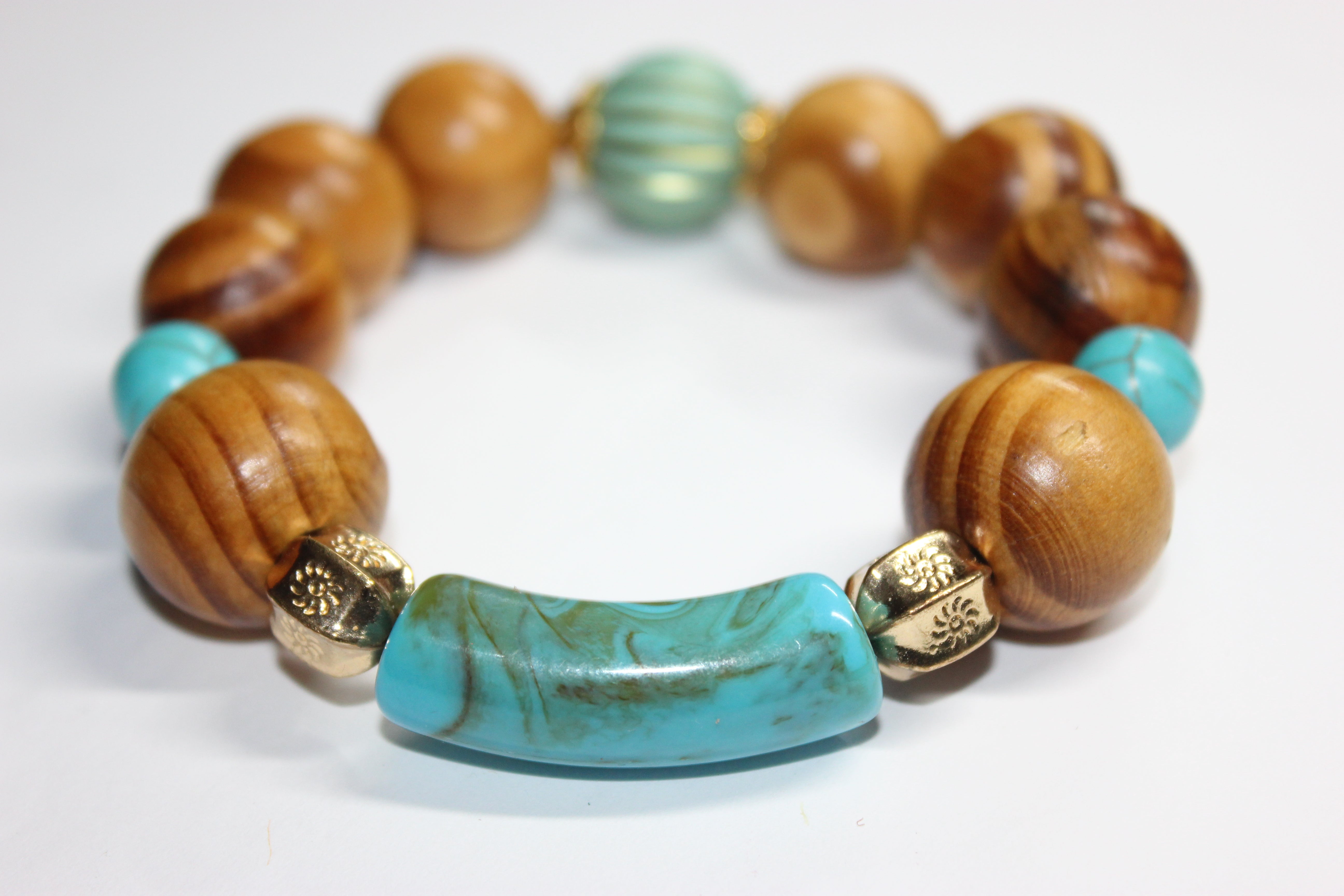 Wood Turquoise w/ Gold Beaded Bracelet
