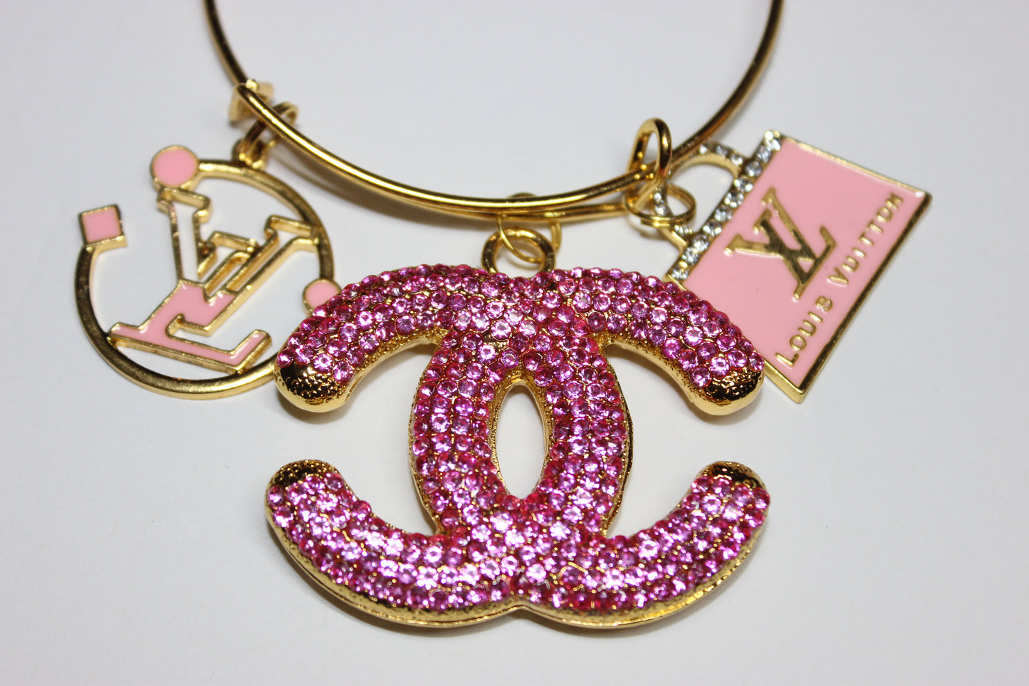 Pink & Gold Rhinestone Charm Bangle Bracelet