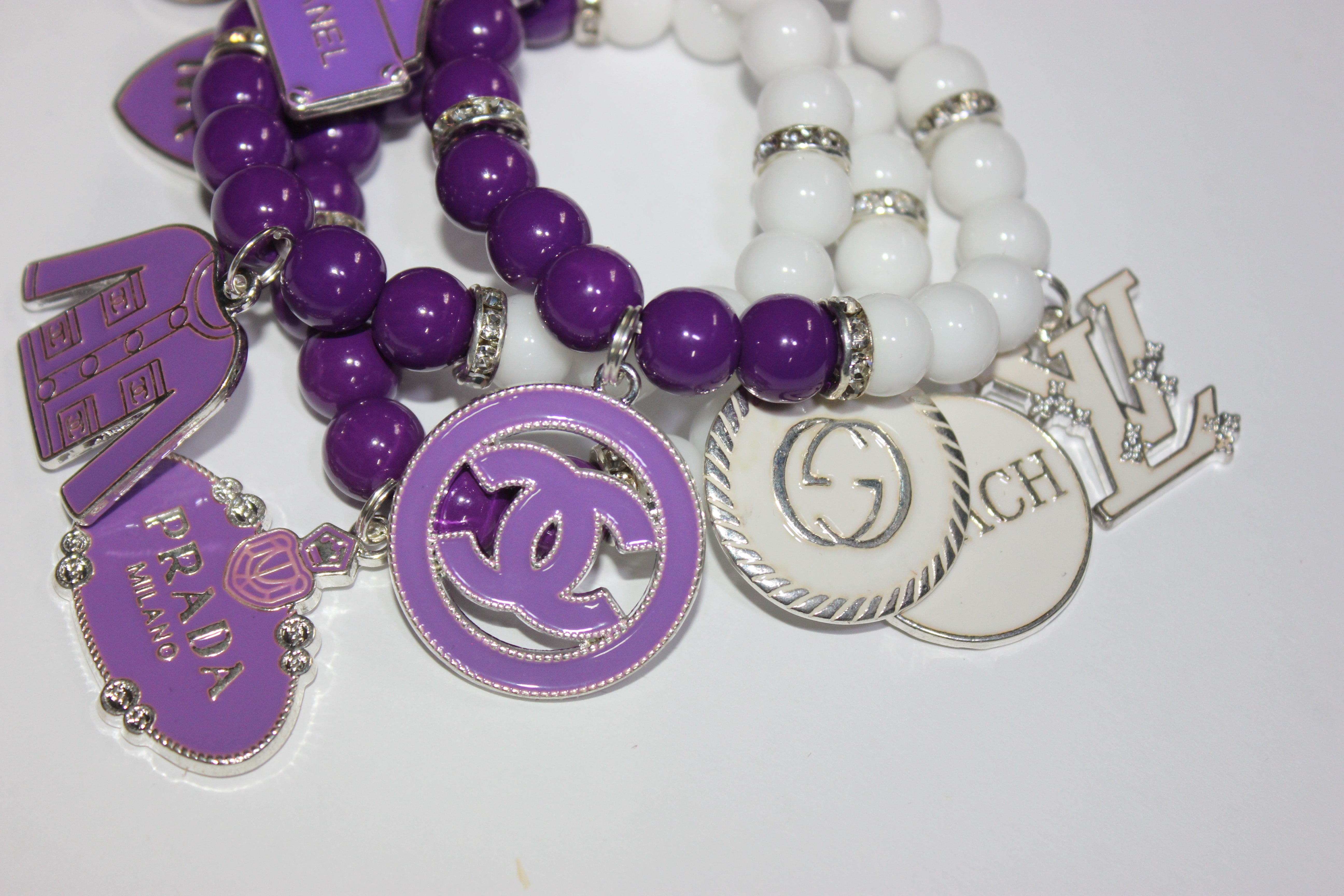 Purple & White w/ Silver 3 Piece Beaded Charm Bracelet Set