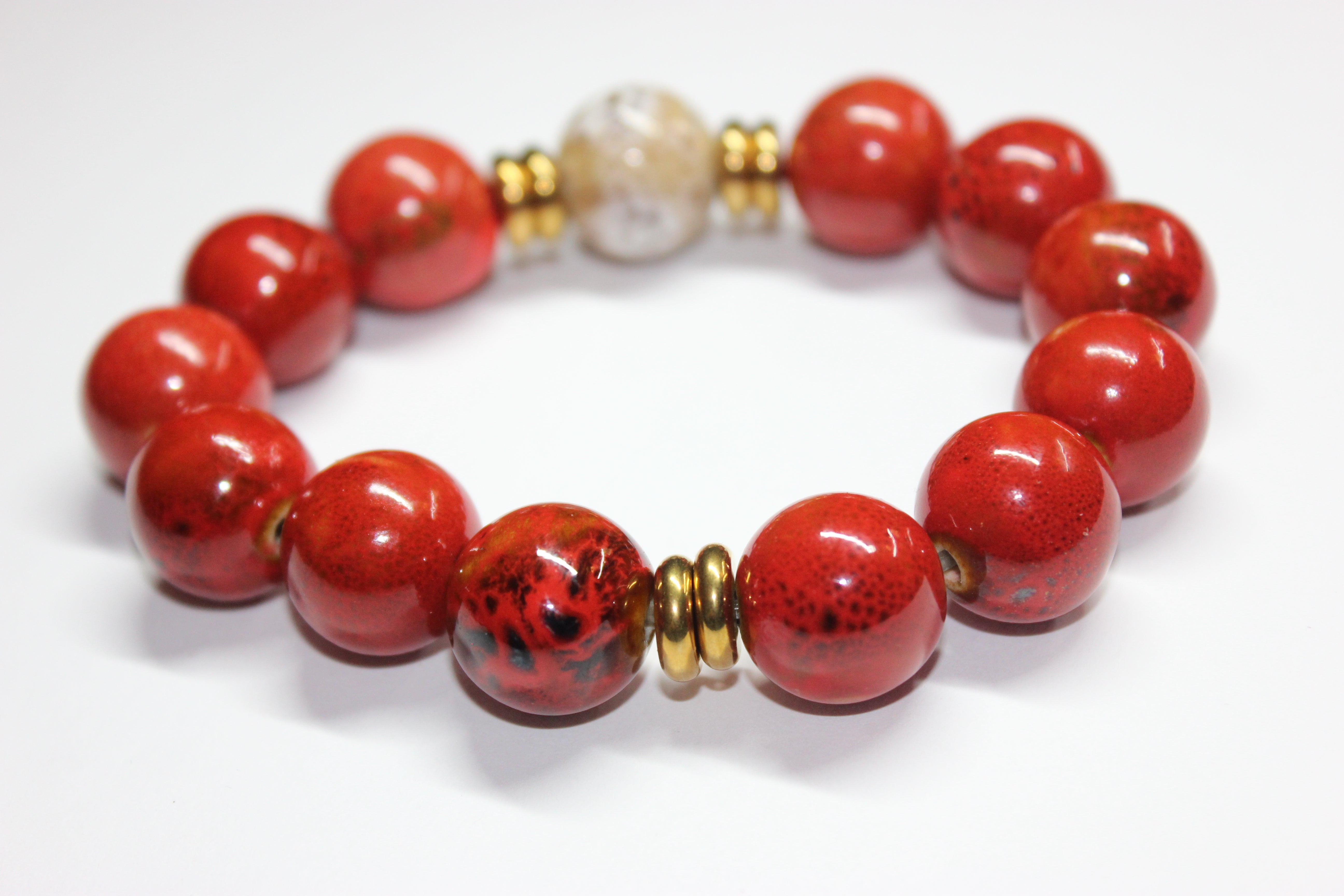 Shades Of Orange & Beige W/ Gold Ceramic Gemstone Bracelet