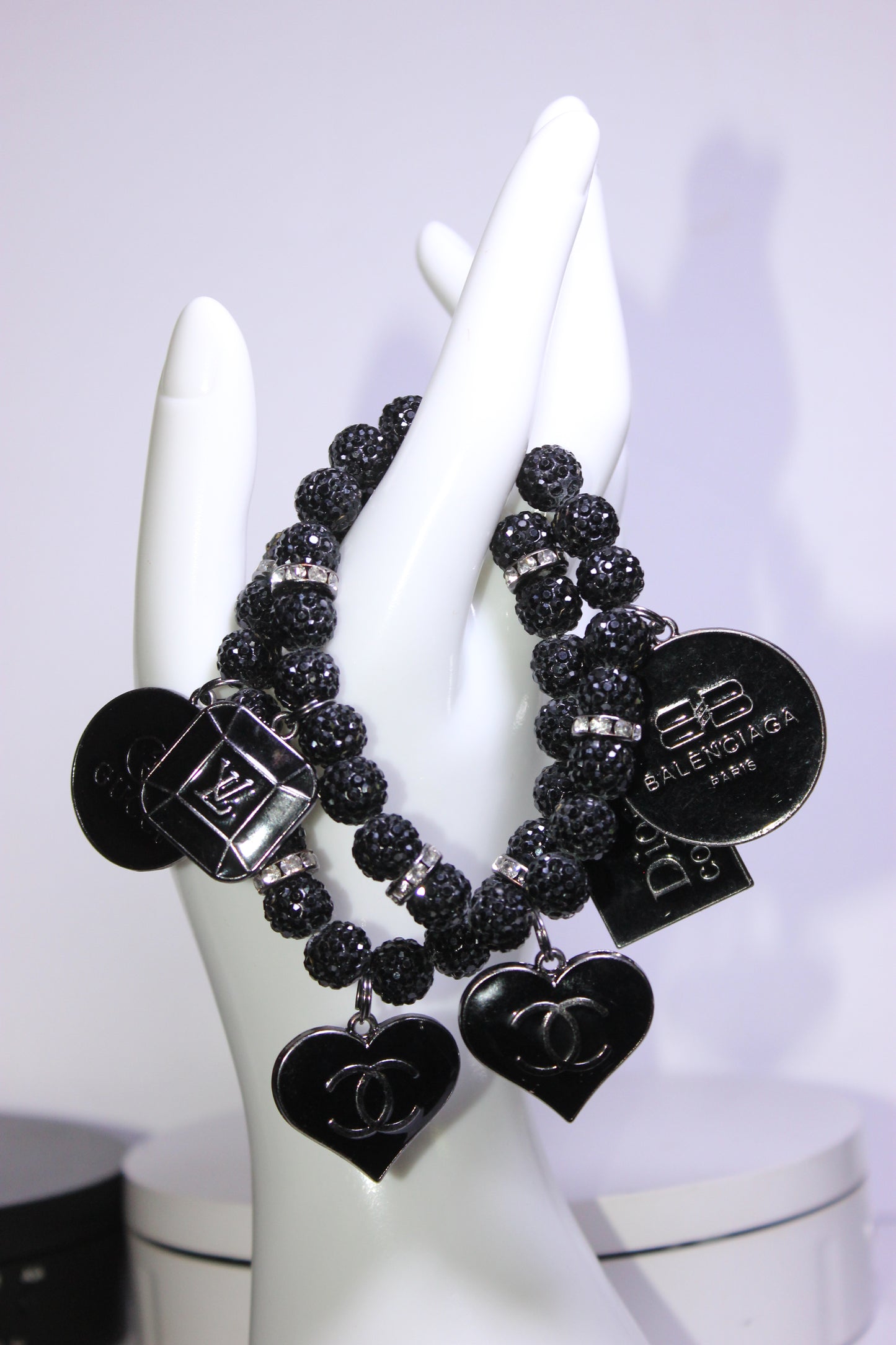 Black Rhinestone 2 Piece Charm Bracelet Set