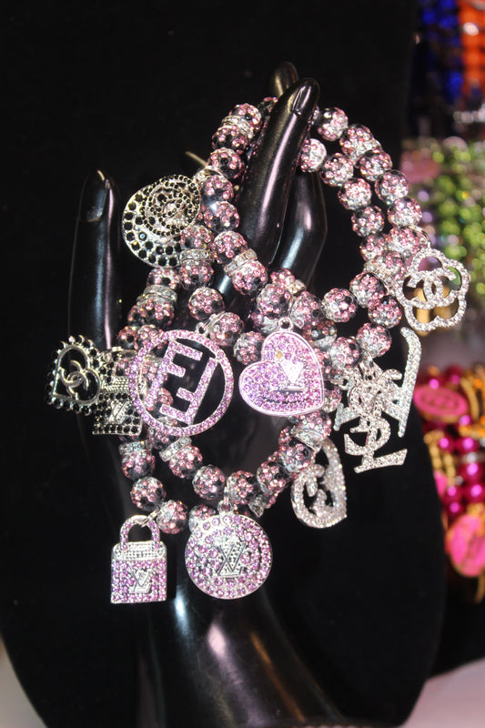 Pink/Black/White Rhinestone Charm Bracelet Set