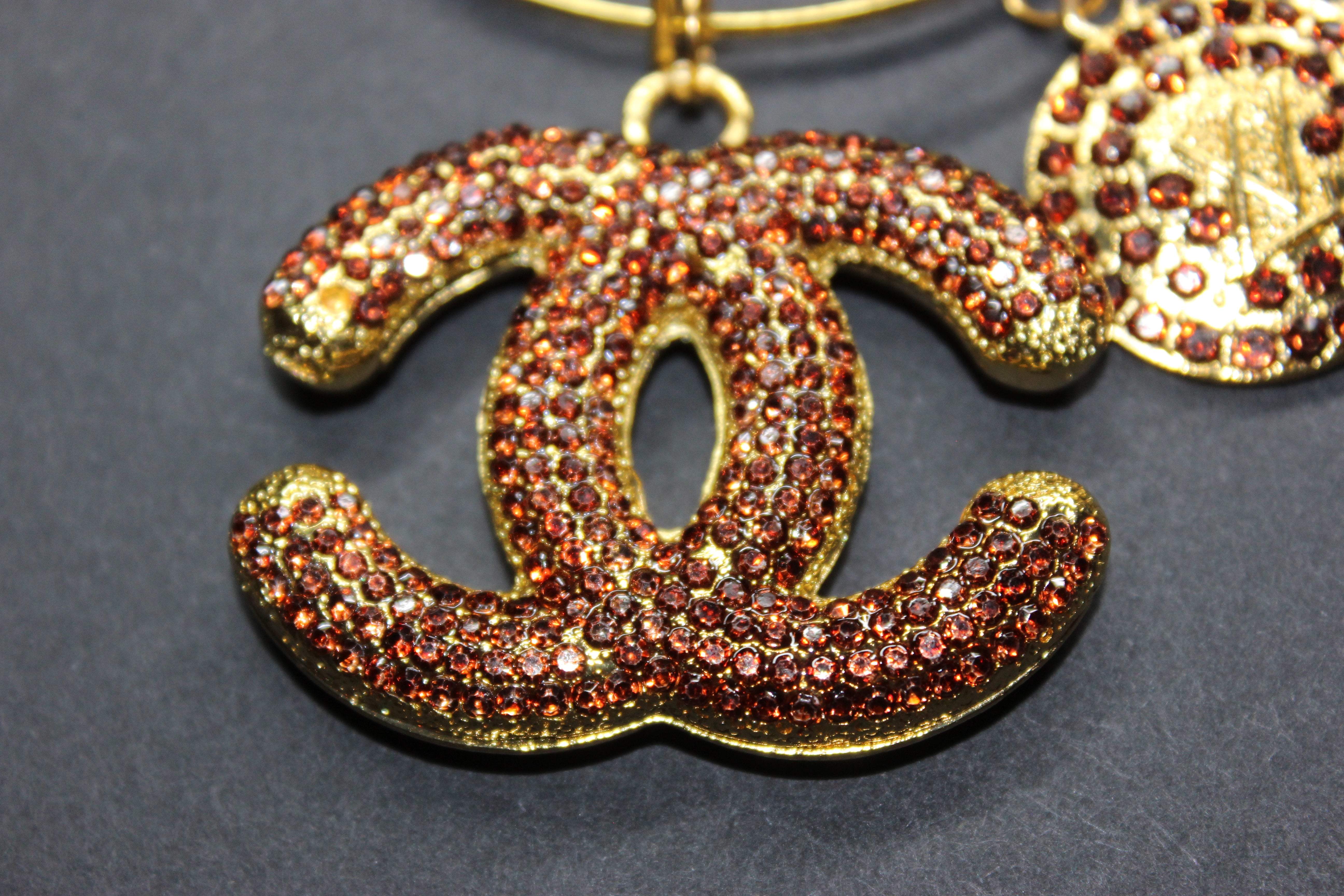 Brown & Gold Rhinestone Charm Bangle Bracelet