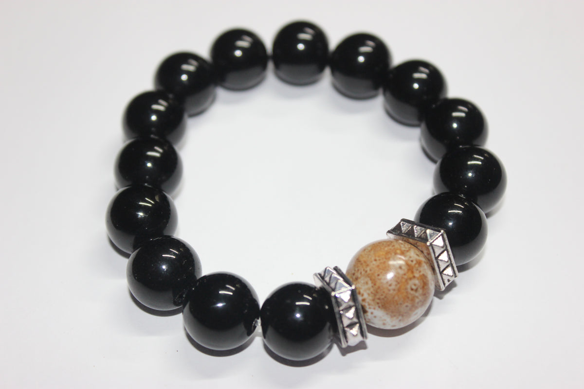 Black Beaded Bracelet with Earthtone Gemstone