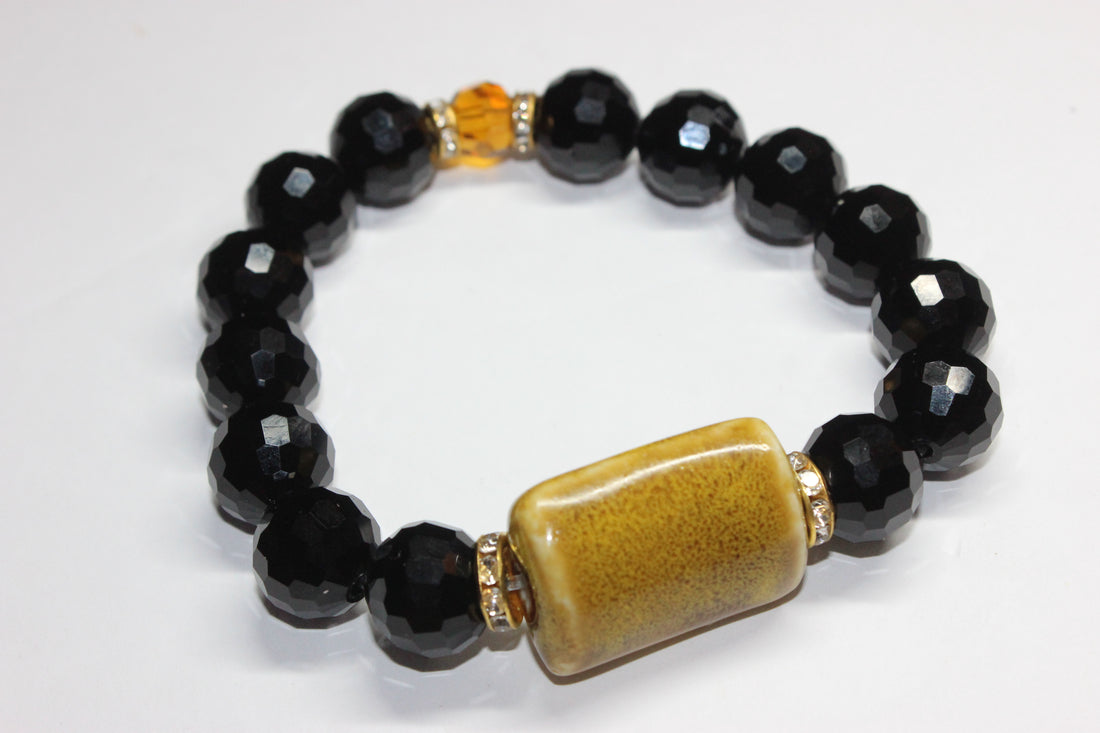 Black/Mustard/Topaz Set In Gold Black Ice Bracelet with Smooth Ceramic Gemstone