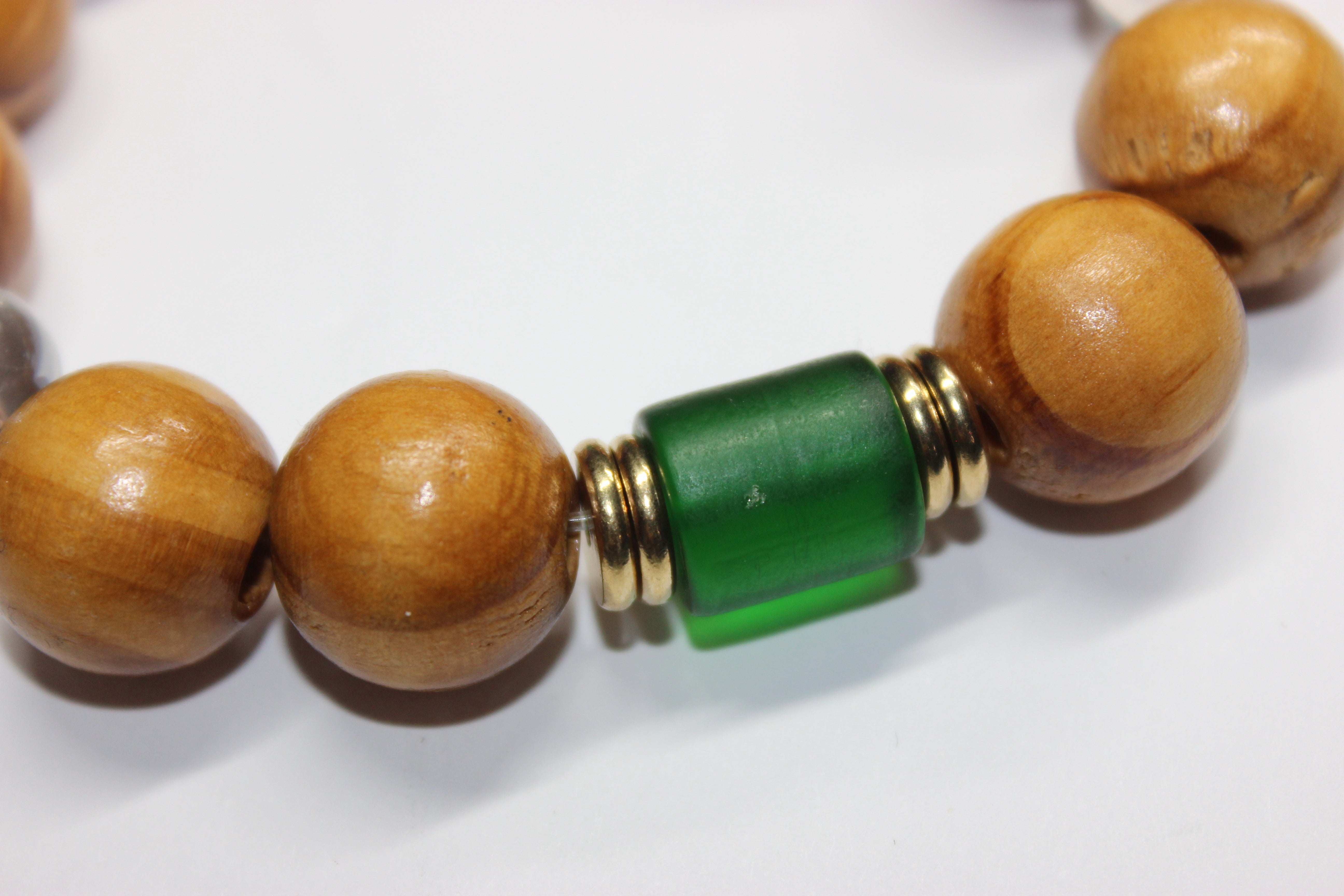 Wood Beaded Bracelet w/ Green & Gold