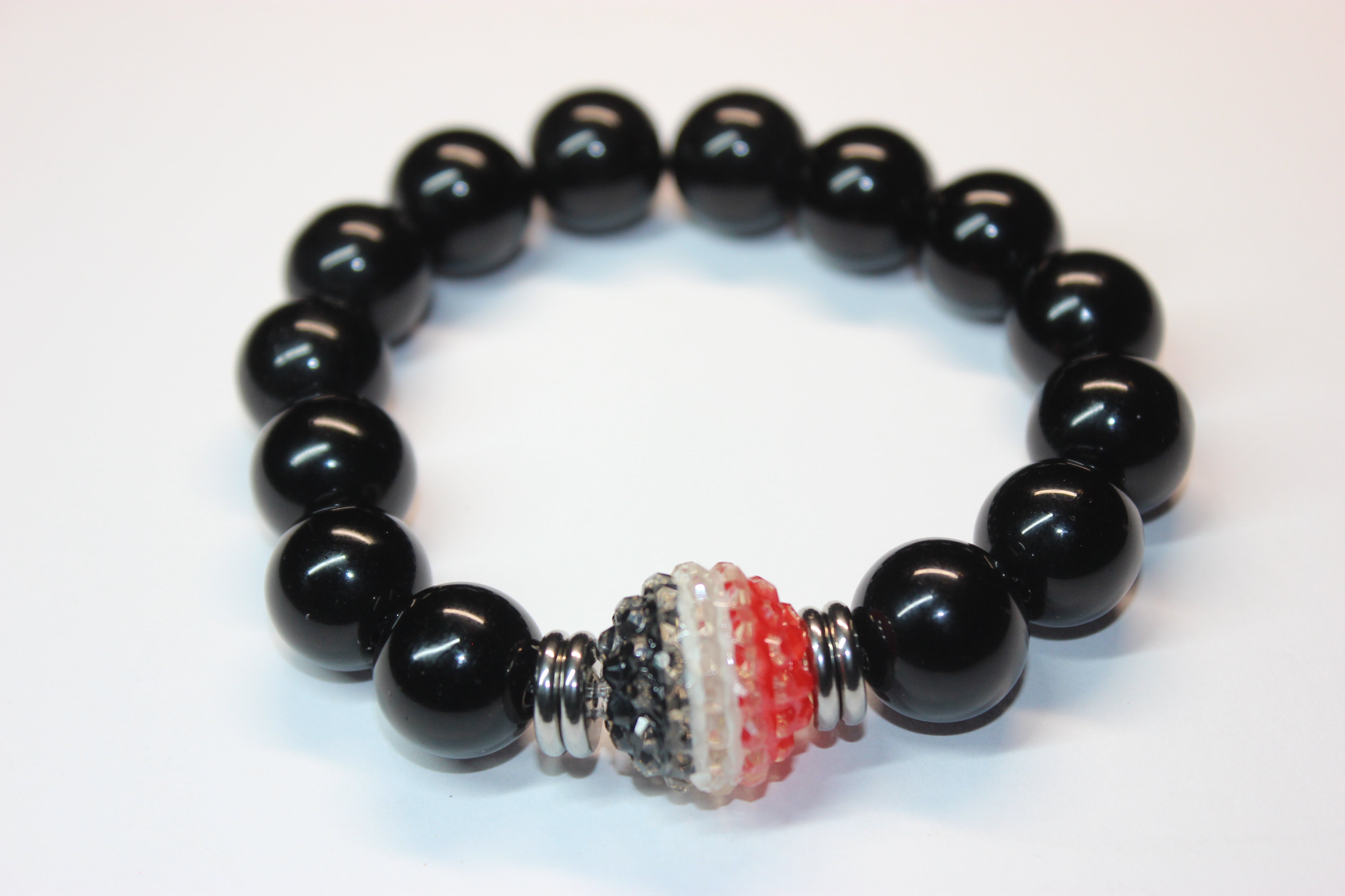 Red Black & White with Silver Mens Beaded Bracelet
