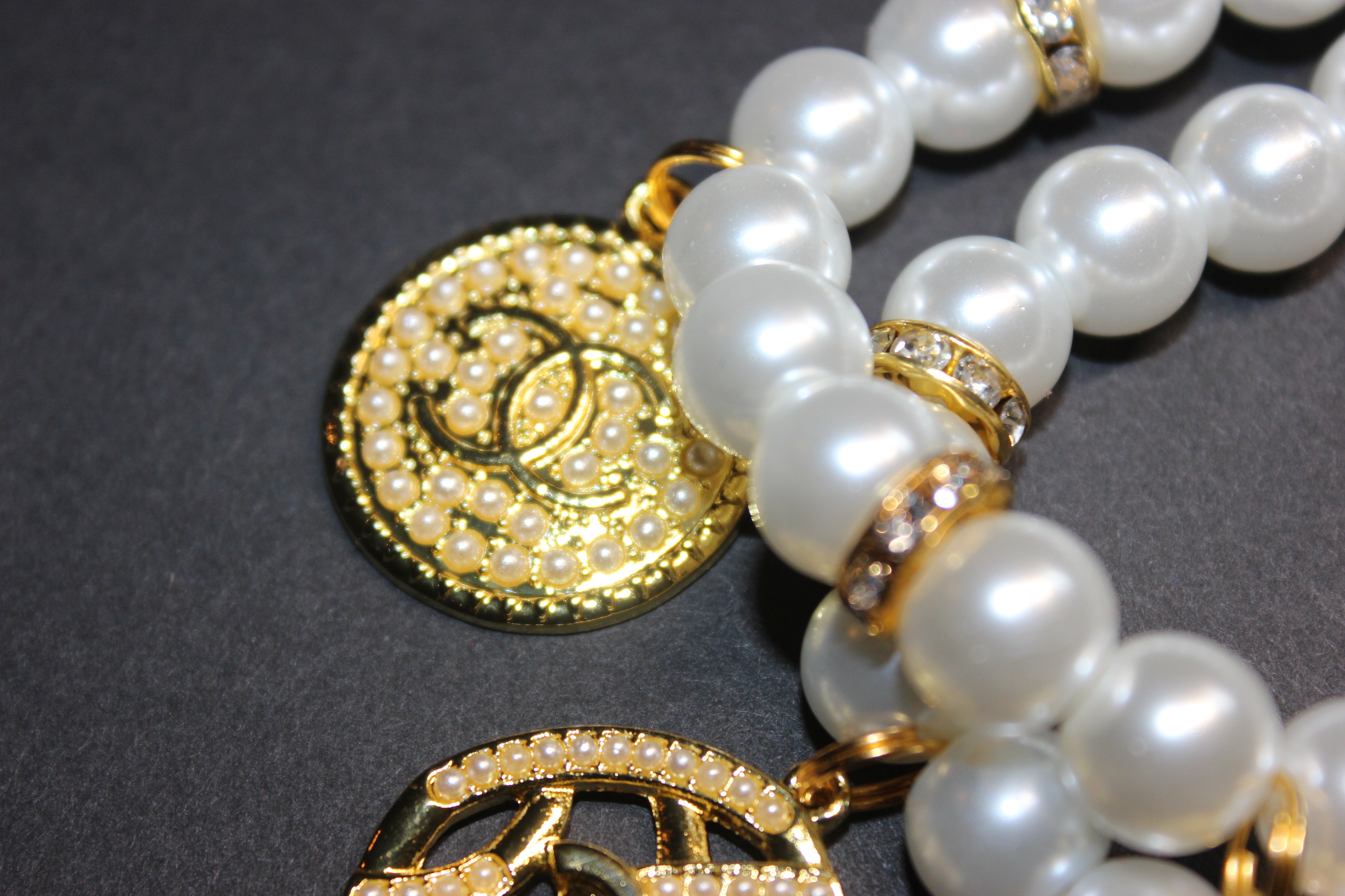 2 Piece White Pearl & Gold Charm Bracelet Set