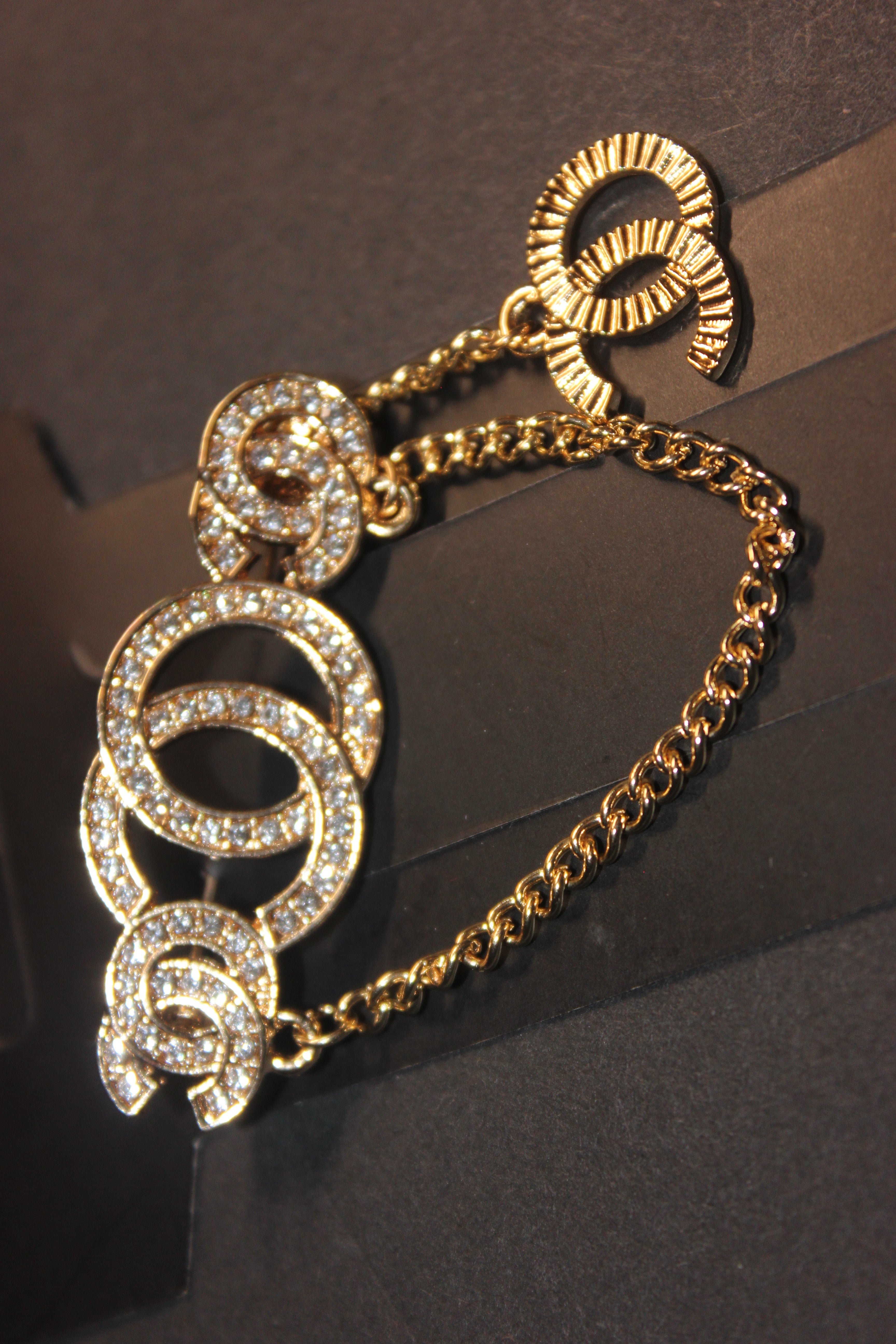 Gold Rhinestone Chain Brooch Pin