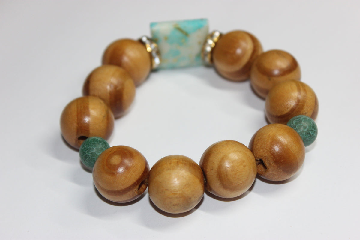 Wood Shades Of Turquoise with Gold Bracelet