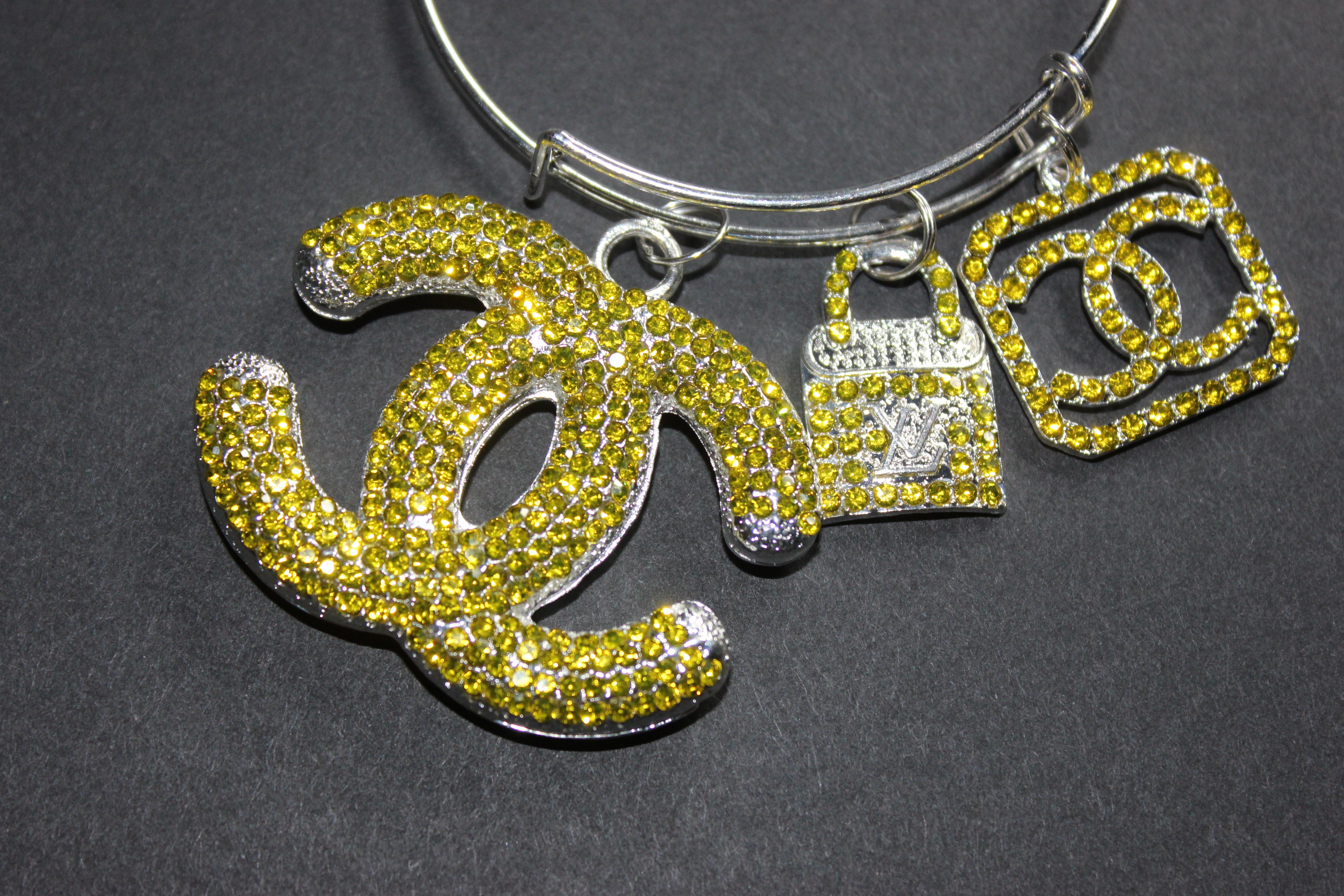 Yellow & Silver Rhinestone Charm Bangle Bracelet