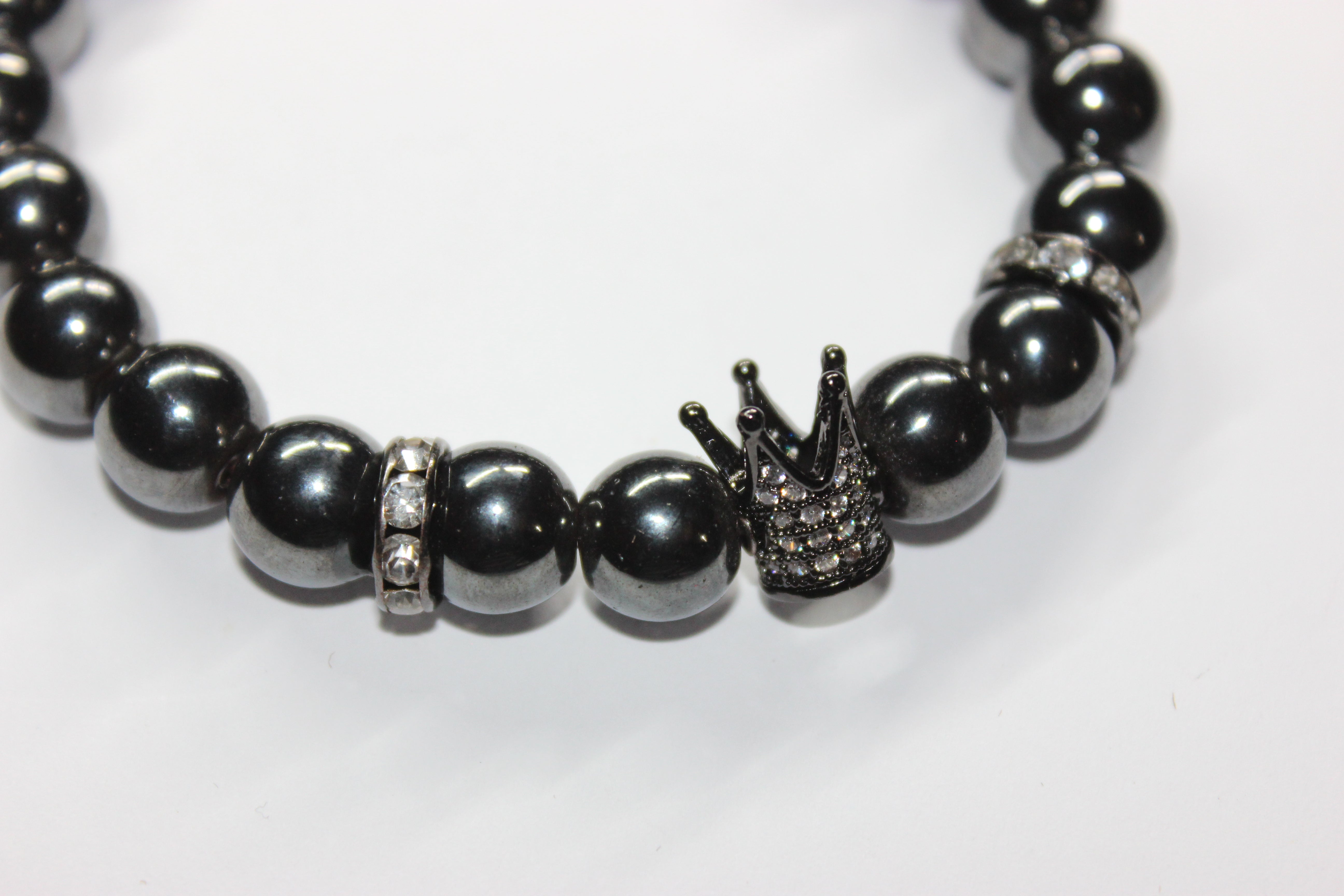 Hematite 10mm Beaded Bracelet W/ Crown Charm