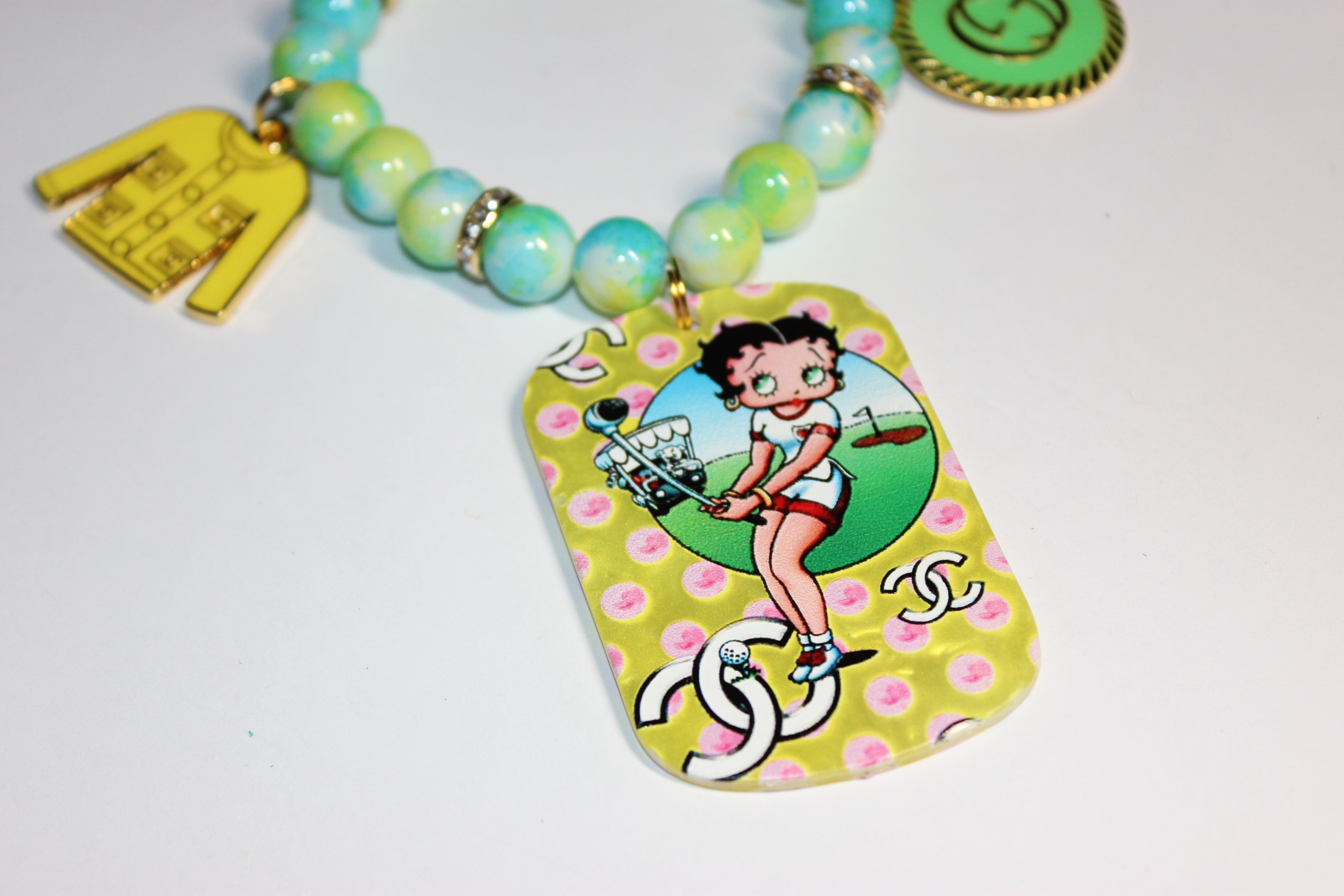 Yellow Green & Aquamarine w/ Gold Charm Bracelet (1)