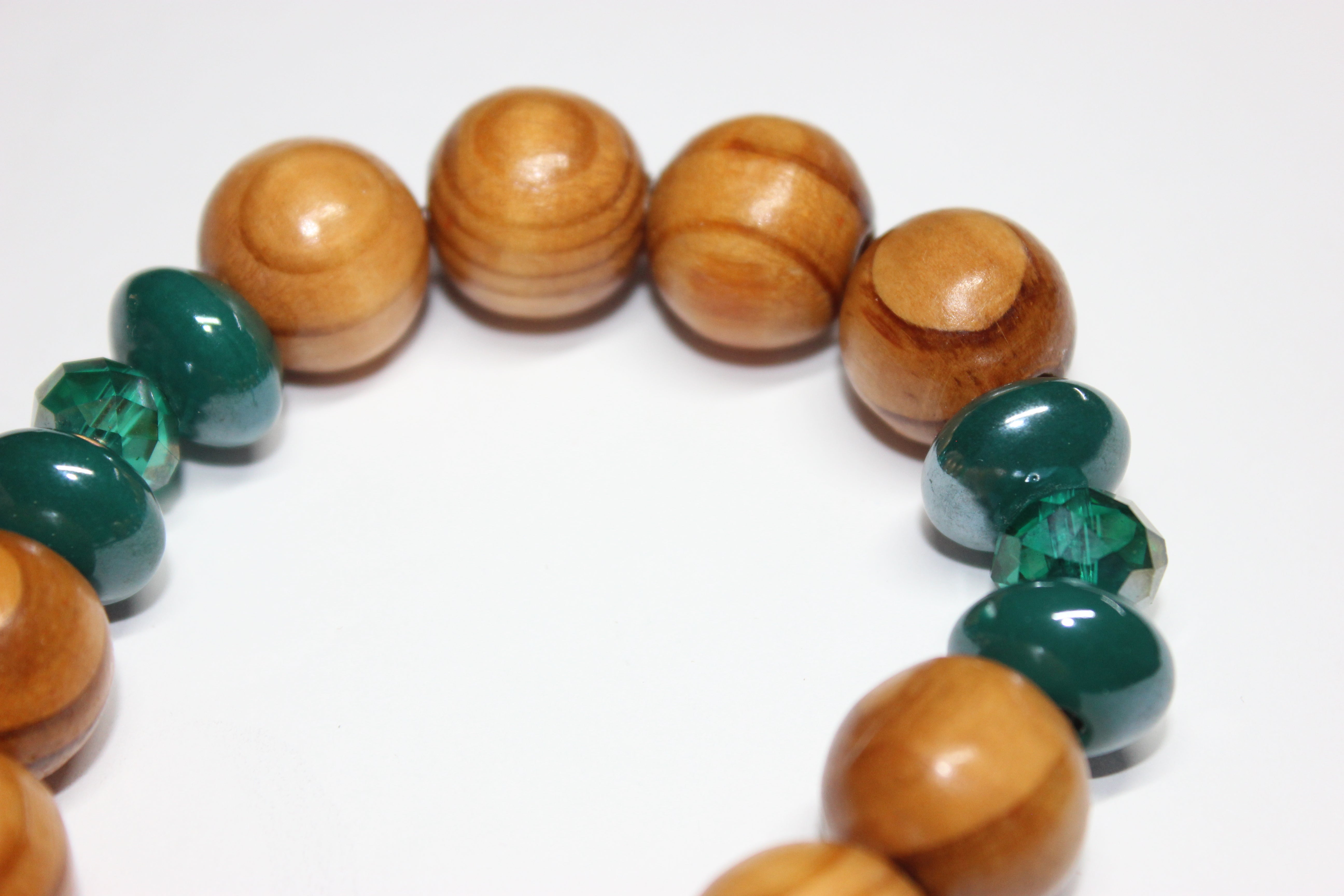 Wood & Green Beaded Bracelet